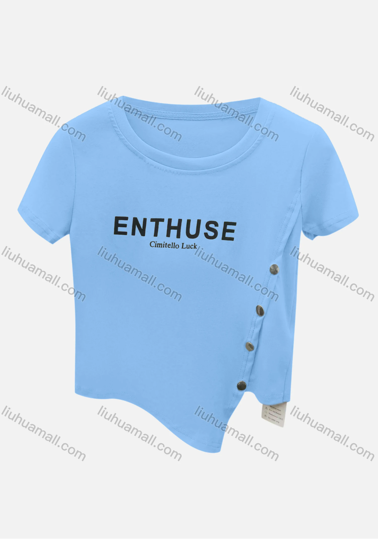 Wholesale Women's Casual Crew Neck Short Sleeve Asymmetrical Hem Button Decor Letter Crop Tee 6004# - Liuhuamall