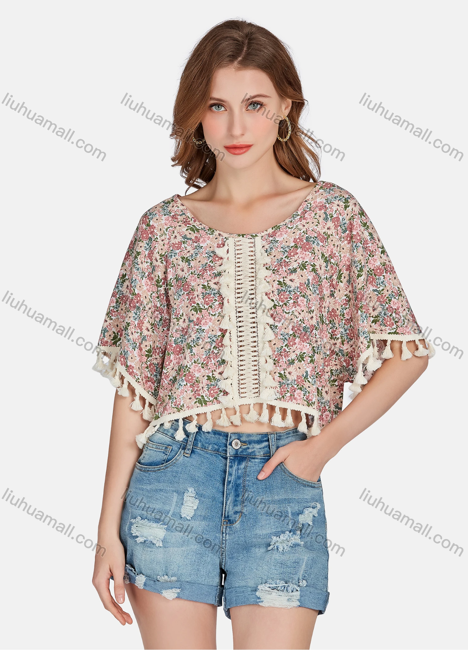 Wholesale Women's Casual Vintage Round Neck Floral Print Tassel Crop Blouse E3260# - Liuhuamall