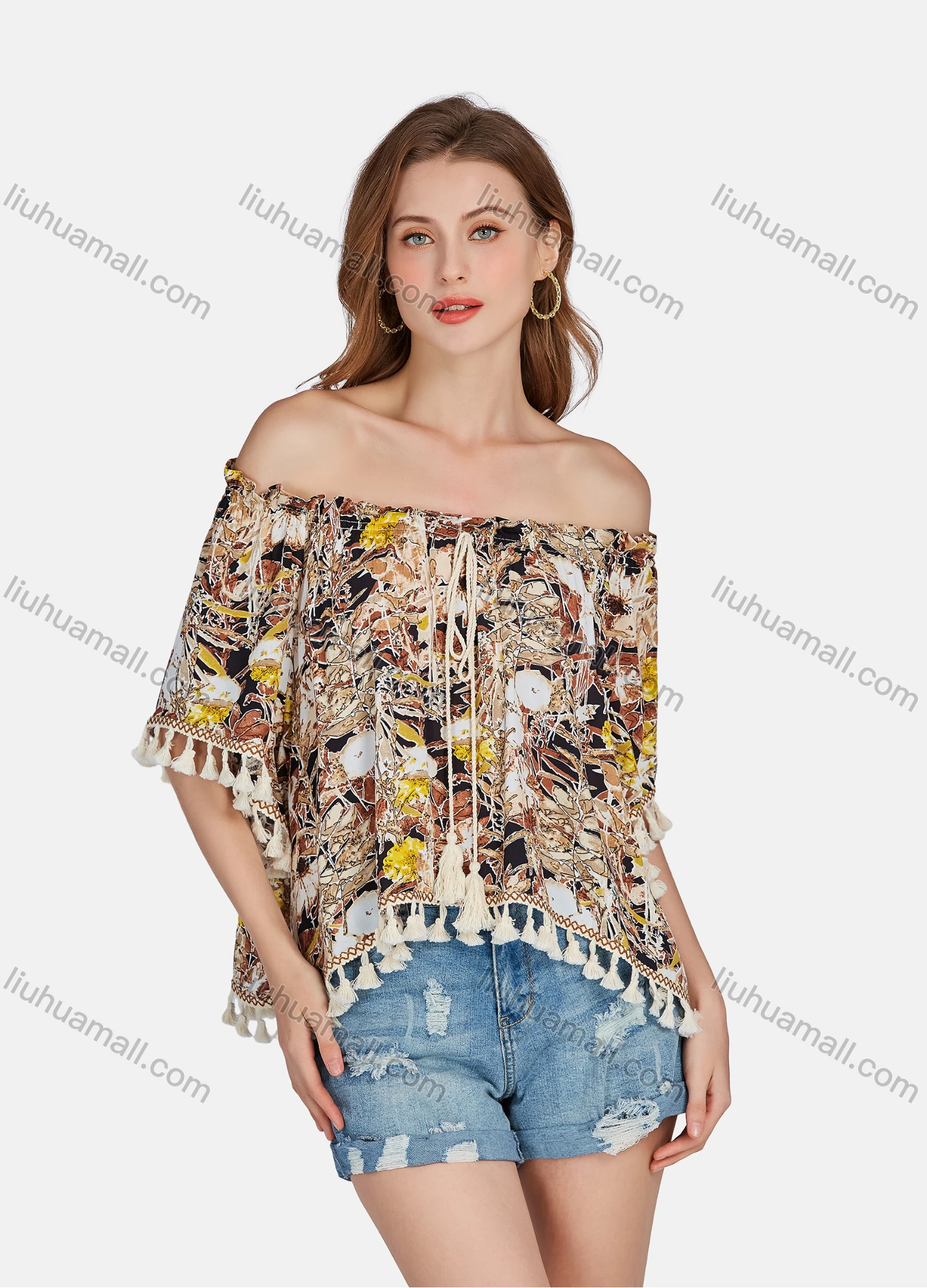 Wholesale Women's Casual Vintage Off Shoulder Allover Print Half Sleeve Tassel Blouse E3282# - Liuhuamall