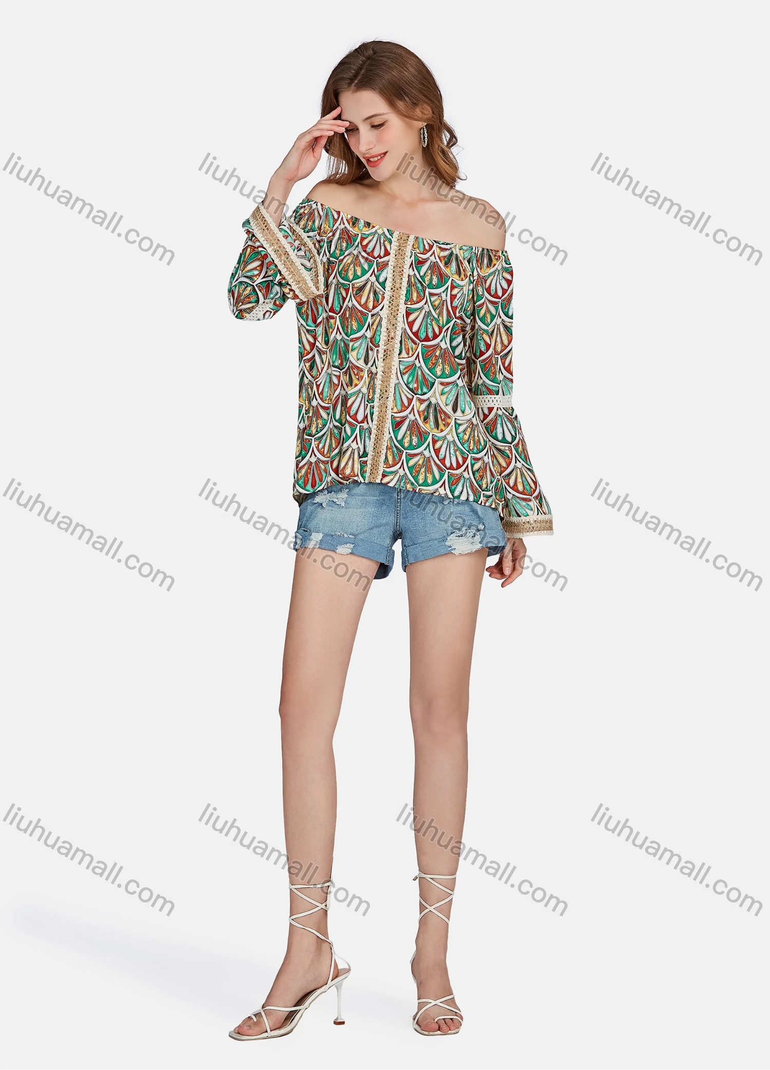 Wholesale Women's Casual Vintage Off Shoulder Allover Print Long Sleeve Tassel Blouse E3106# - Liuhuamall