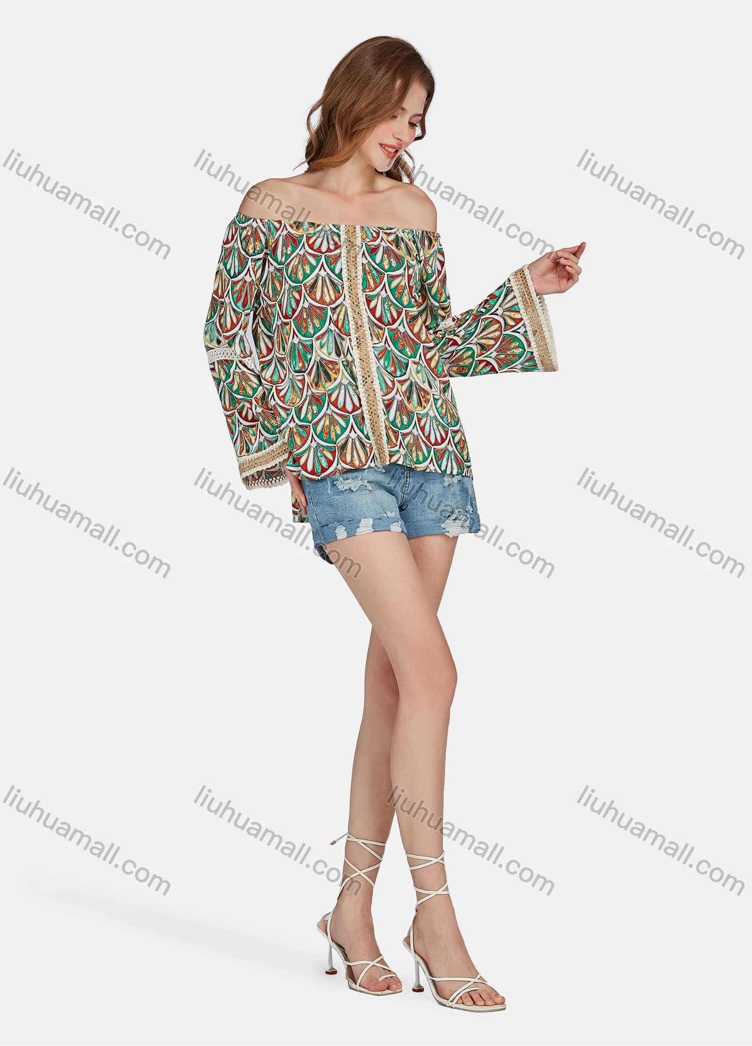Wholesale Women's Casual Vintage Off Shoulder Allover Print Long Sleeve Tassel Blouse E3106# - Liuhuamall
