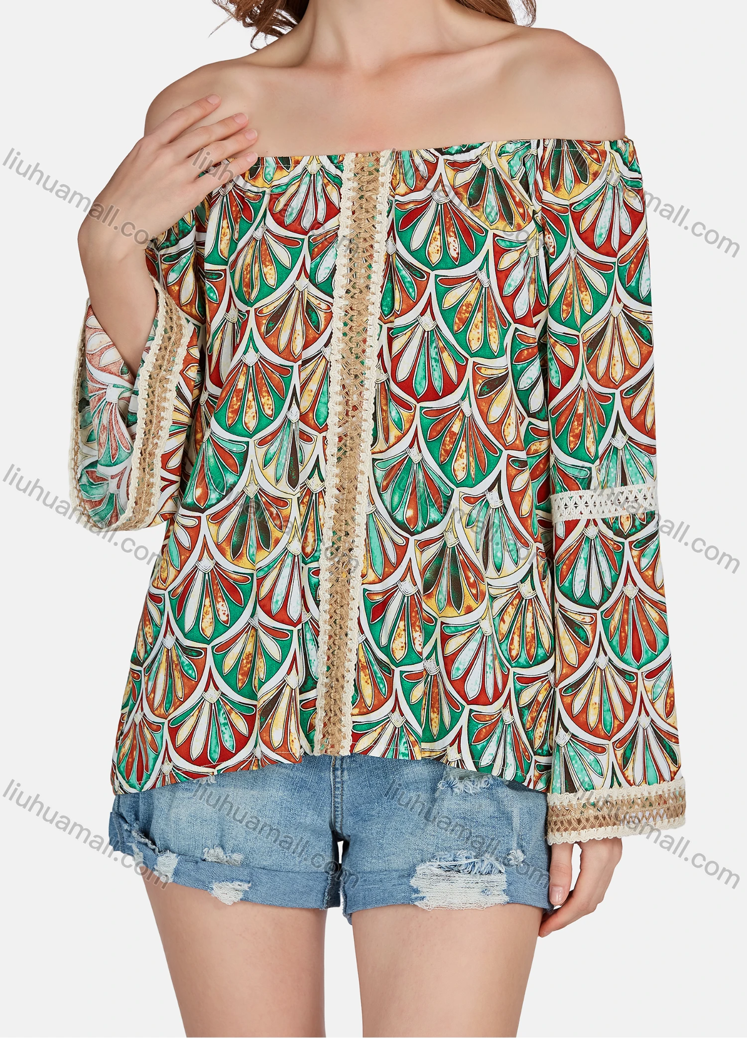 Wholesale Women's Casual Vintage Off Shoulder Allover Print Long Sleeve Tassel Blouse E3106# - Liuhuamall