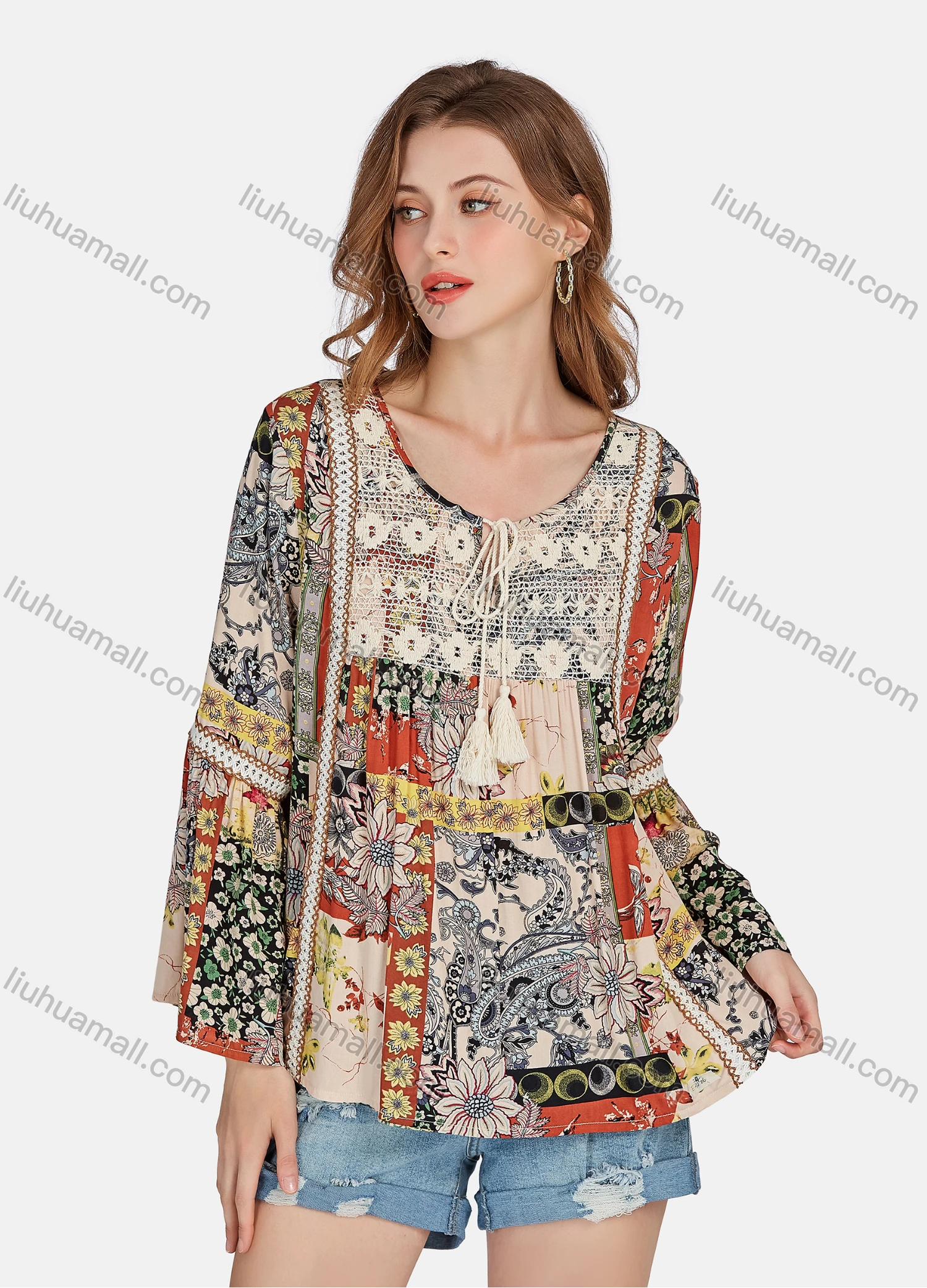 Wholesale Women's Casual Vintage Floral & Paisley Allover Print Long Sleeve Tassel Tie Blouse E3126# - Liuhuamall