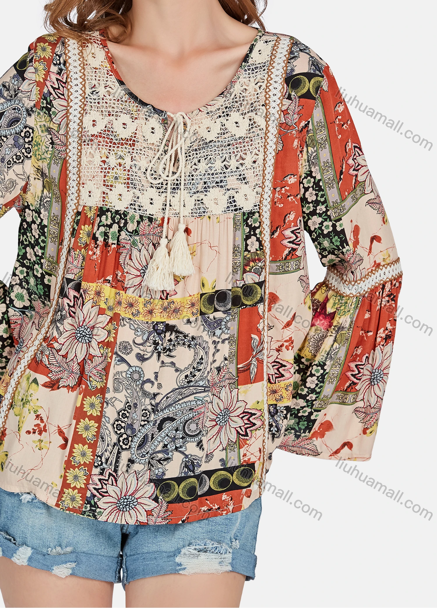 Wholesale Women's Casual Vintage Floral & Paisley Allover Print Long Sleeve Tassel Tie Blouse E3126# - Liuhuamall