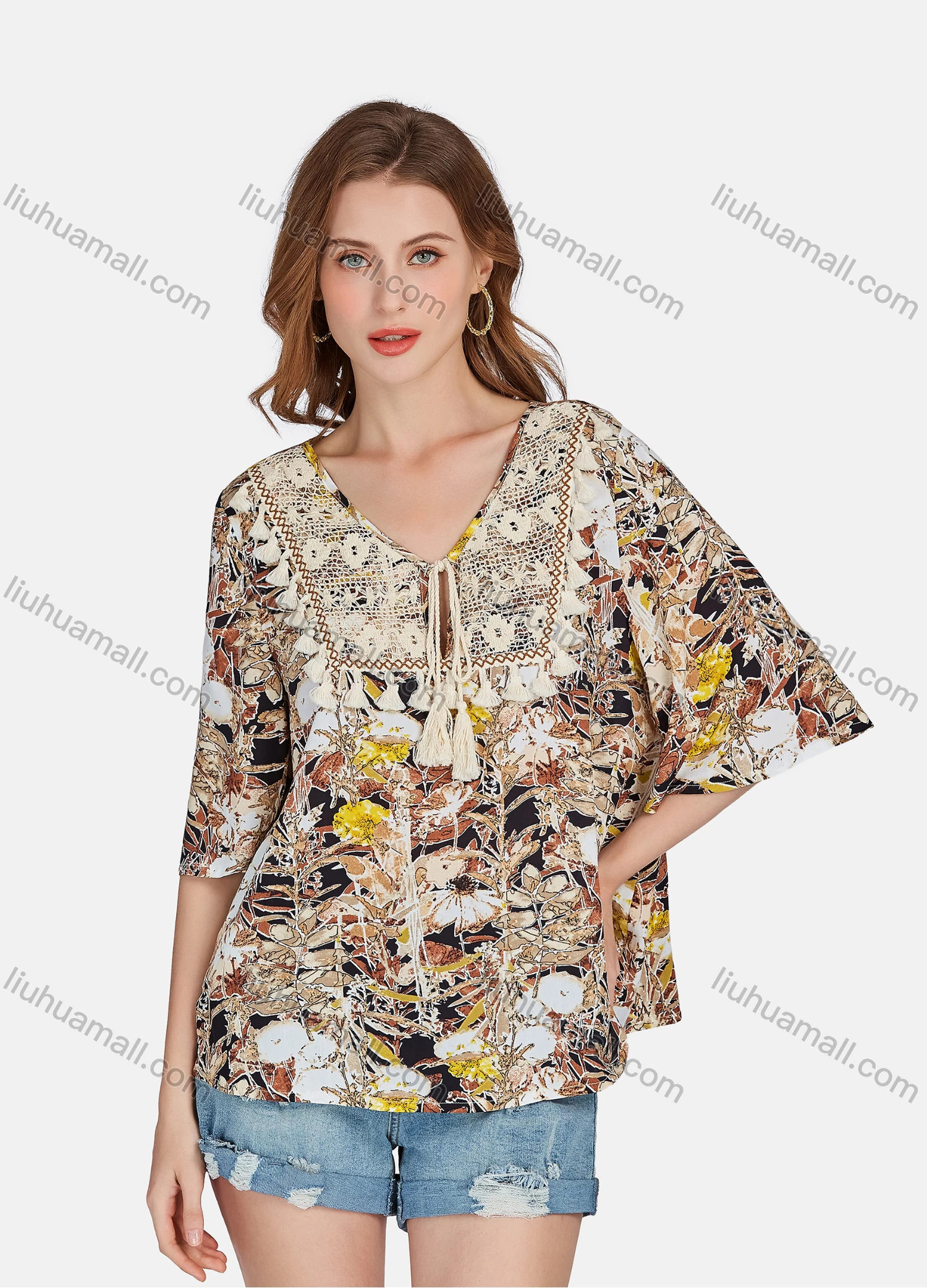 Wholesale Women's Causal Vintage Notched Neck Half Sleeve Tassel Blouse E3298# - Liuhuamall