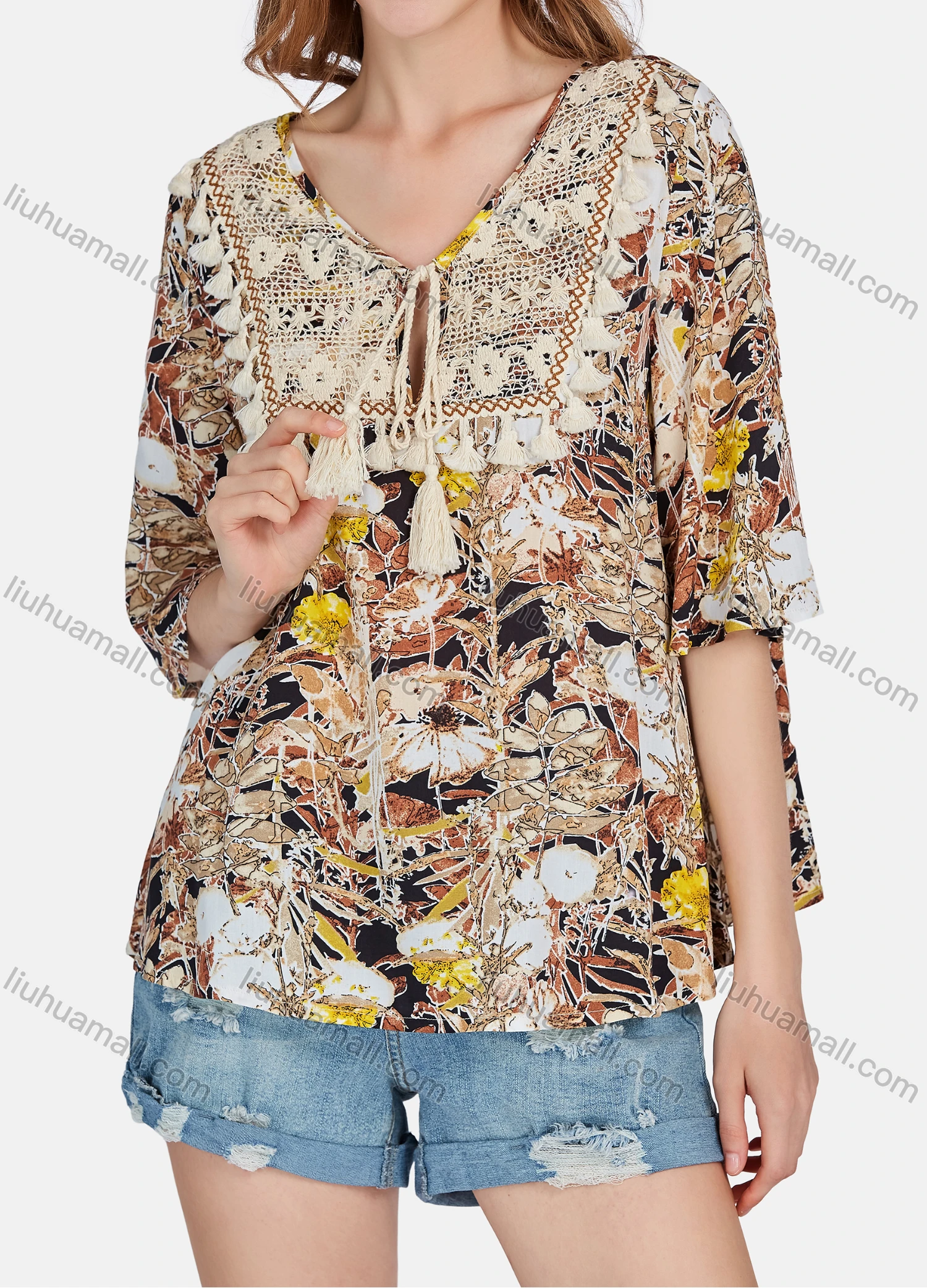 Wholesale Women's Causal Vintage Notched Neck Half Sleeve Tassel Blouse E3298# - Liuhuamall