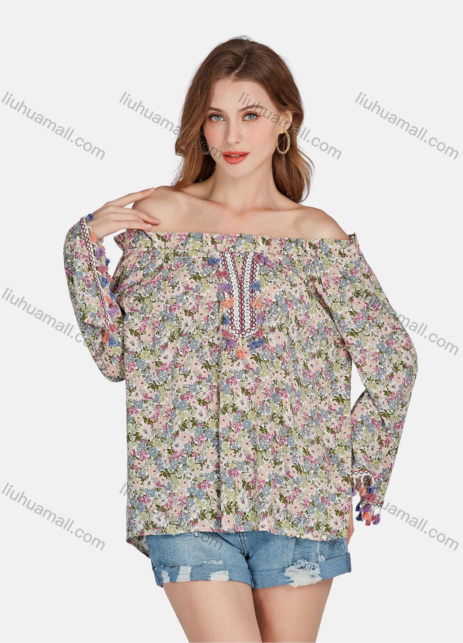 Wholesale Women's Casual Vintage Off Shoulder Floral Allover Print Ruffle Trim Long Sleeve Tassel Blouse E3282# - Liuhuamall