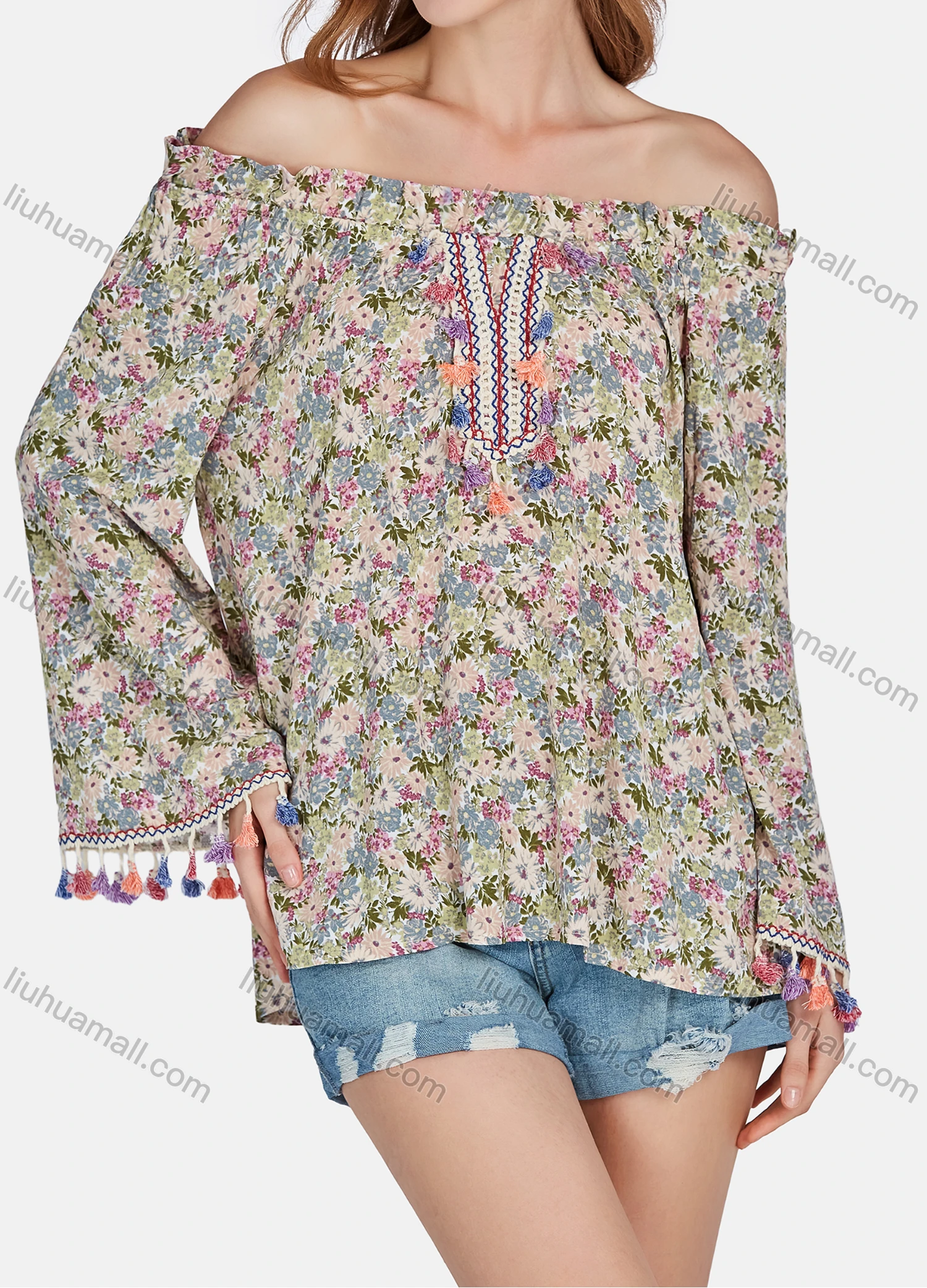 Wholesale Women's Casual Vintage Off Shoulder Floral Allover Print Ruffle Trim Long Sleeve Tassel Blouse E3282# - Liuhuamall
