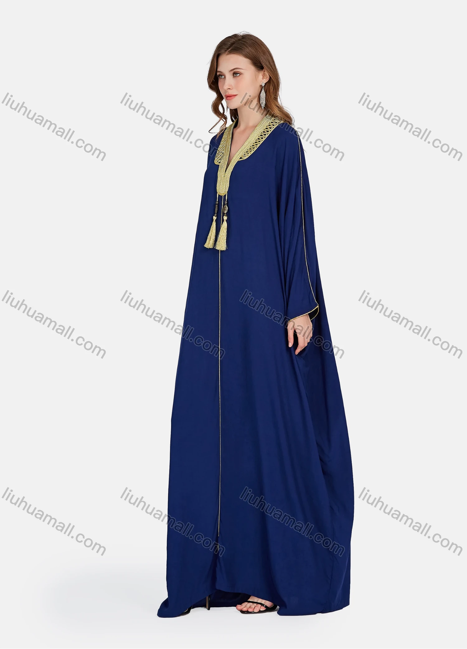 Wholesale Women's Elegant Muslim Islamic Embroidery Tassel Long Sleeve V Neck Floor Length Abaya Robe Dress ZRSF-49# - Liuhuamall