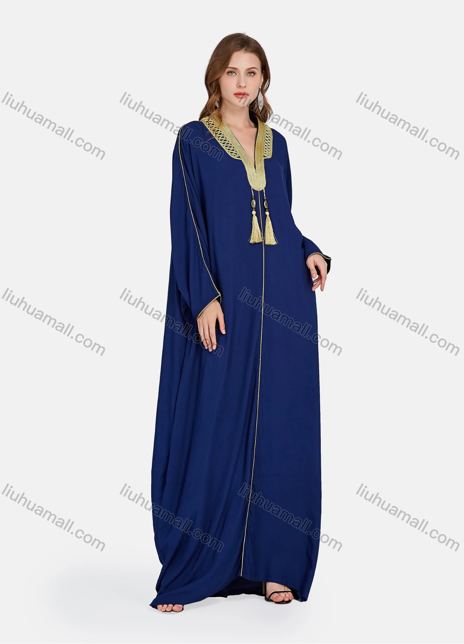 Wholesale Women's Elegant Muslim Islamic Embroidery Tassel Long Sleeve V Neck Floor Length Abaya Robe Dress ZRSF-49# - Liuhuamall