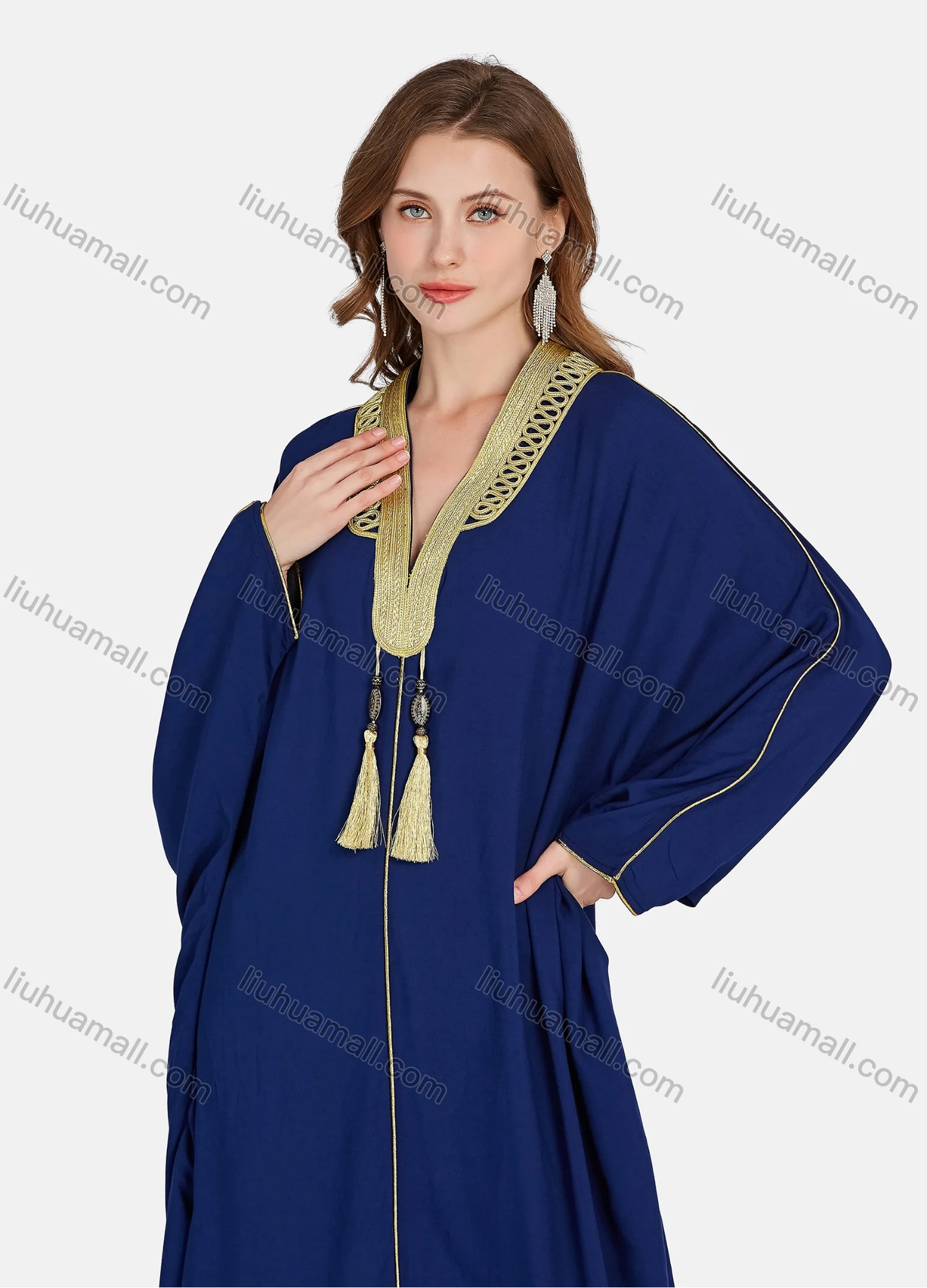 Wholesale Women's Elegant Muslim Islamic Embroidery Tassel Long Sleeve V Neck Floor Length Abaya Robe Dress ZRSF-49# - Liuhuamall