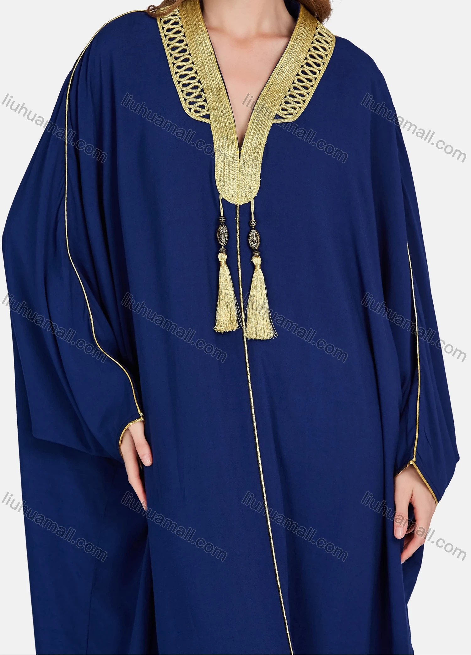 Wholesale Women's Elegant Muslim Islamic Embroidery Tassel Long Sleeve V Neck Floor Length Abaya Robe Dress ZRSF-49# - Liuhuamall