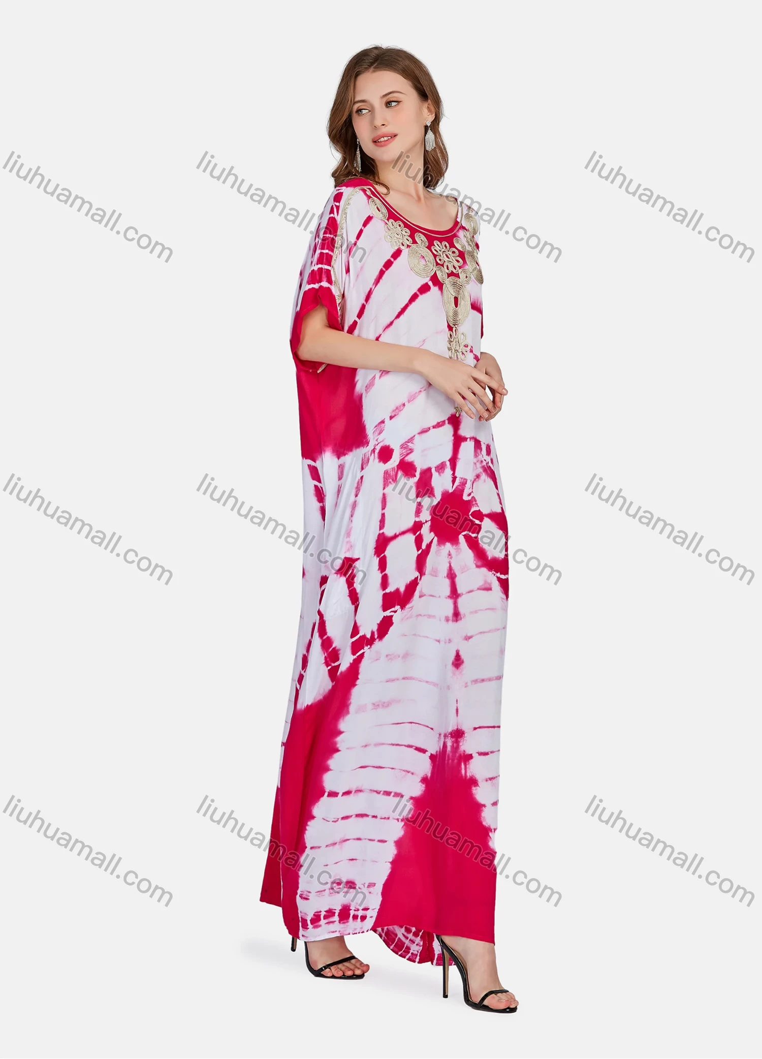 Wholesale Women's Elegant Folkloric African Tie Dye Embroidery Short Sleeve Maxi Kaftan Robe Dress XH-1013# - Liuhuamall