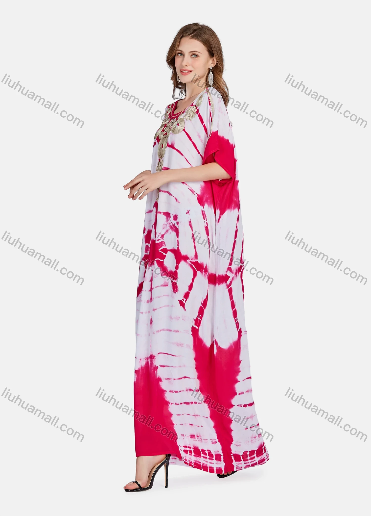 Wholesale Women's Elegant Folkloric African Tie Dye Embroidery Short Sleeve Maxi Kaftan Robe Dress XH-1013# - Liuhuamall