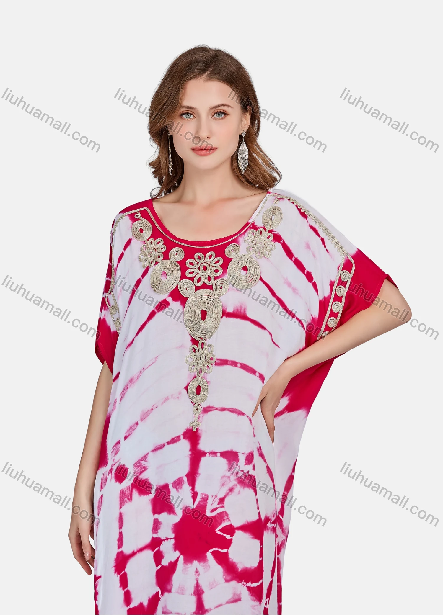 Wholesale Women's Elegant Folkloric African Tie Dye Embroidery Short Sleeve Maxi Kaftan Robe Dress XH-1013# - Liuhuamall