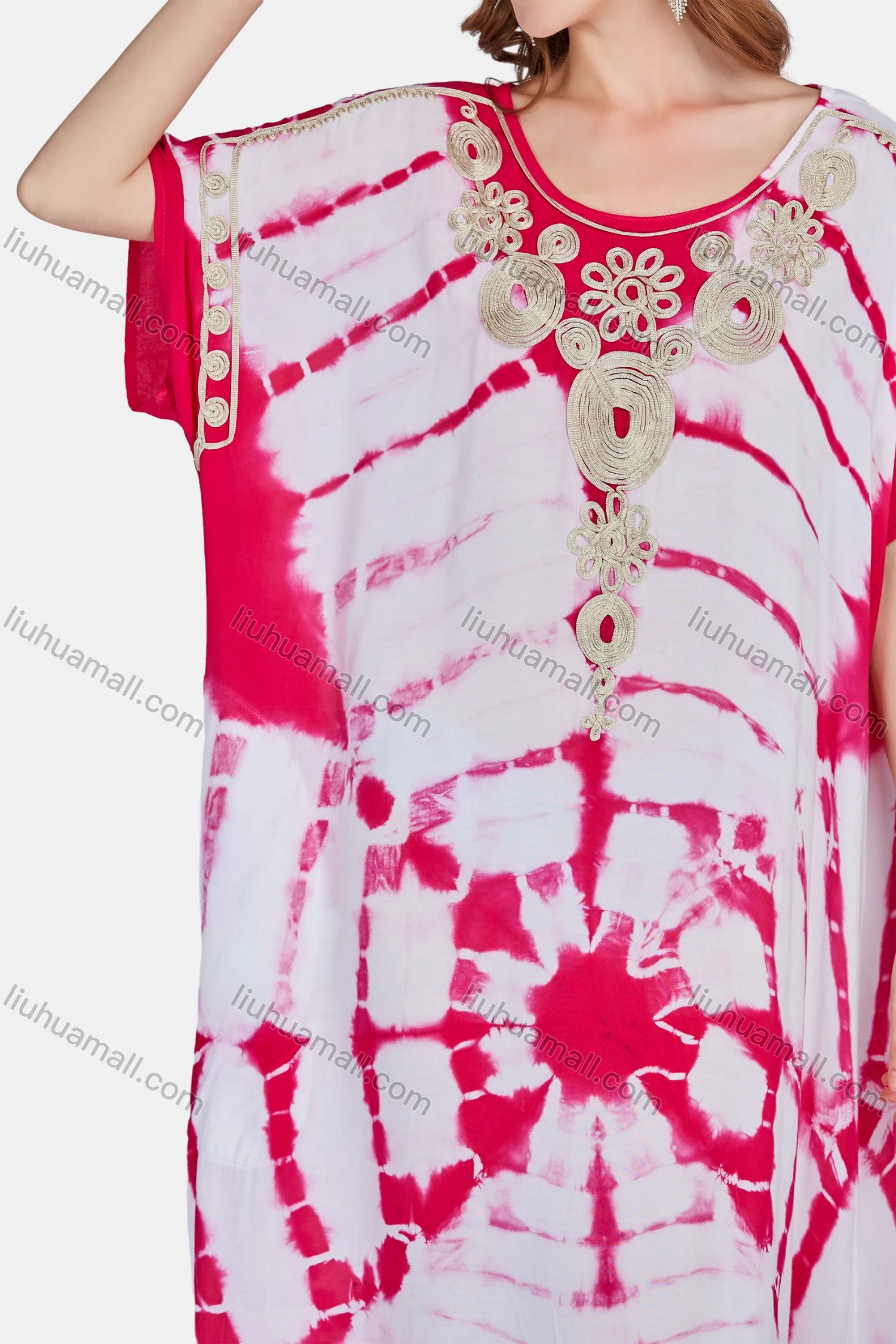 Wholesale Women's Elegant Folkloric African Tie Dye Embroidery Short Sleeve Maxi Kaftan Robe Dress XH-1013# - Liuhuamall