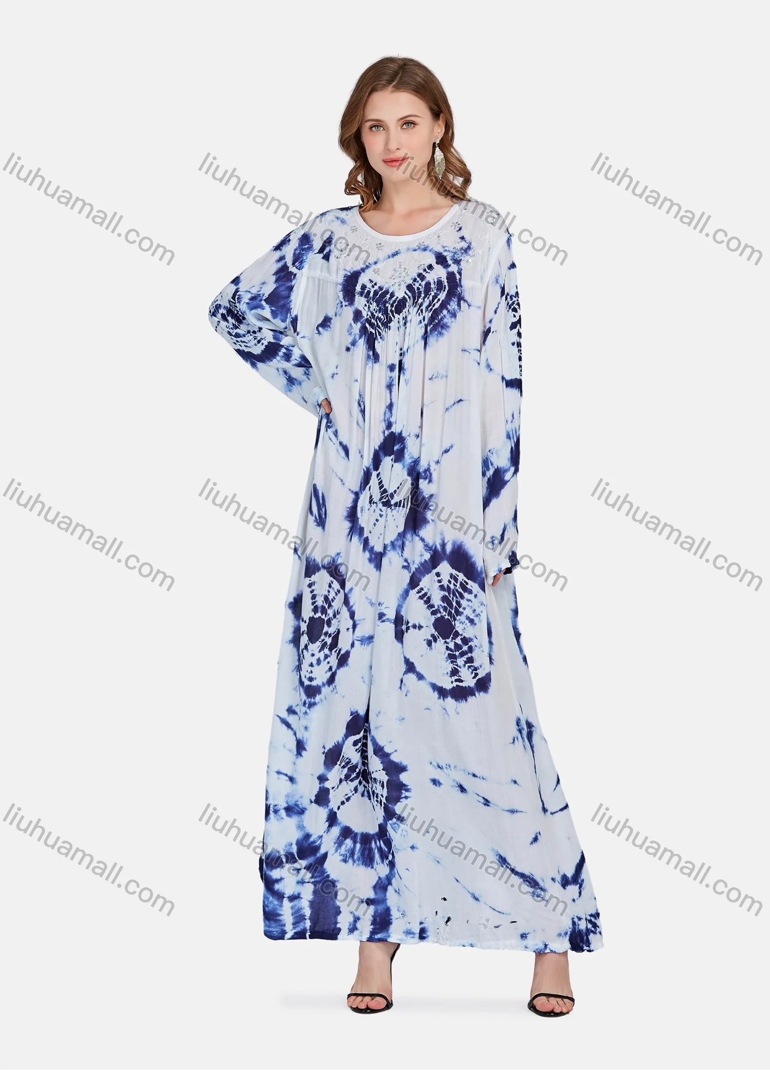 Wholesale Women's Elegant Tie Dye Sequins Long Sleeve Ruched Maxi Kaftan Abaya Robe Dress TZMQ-3-813B# - Liuhuamall