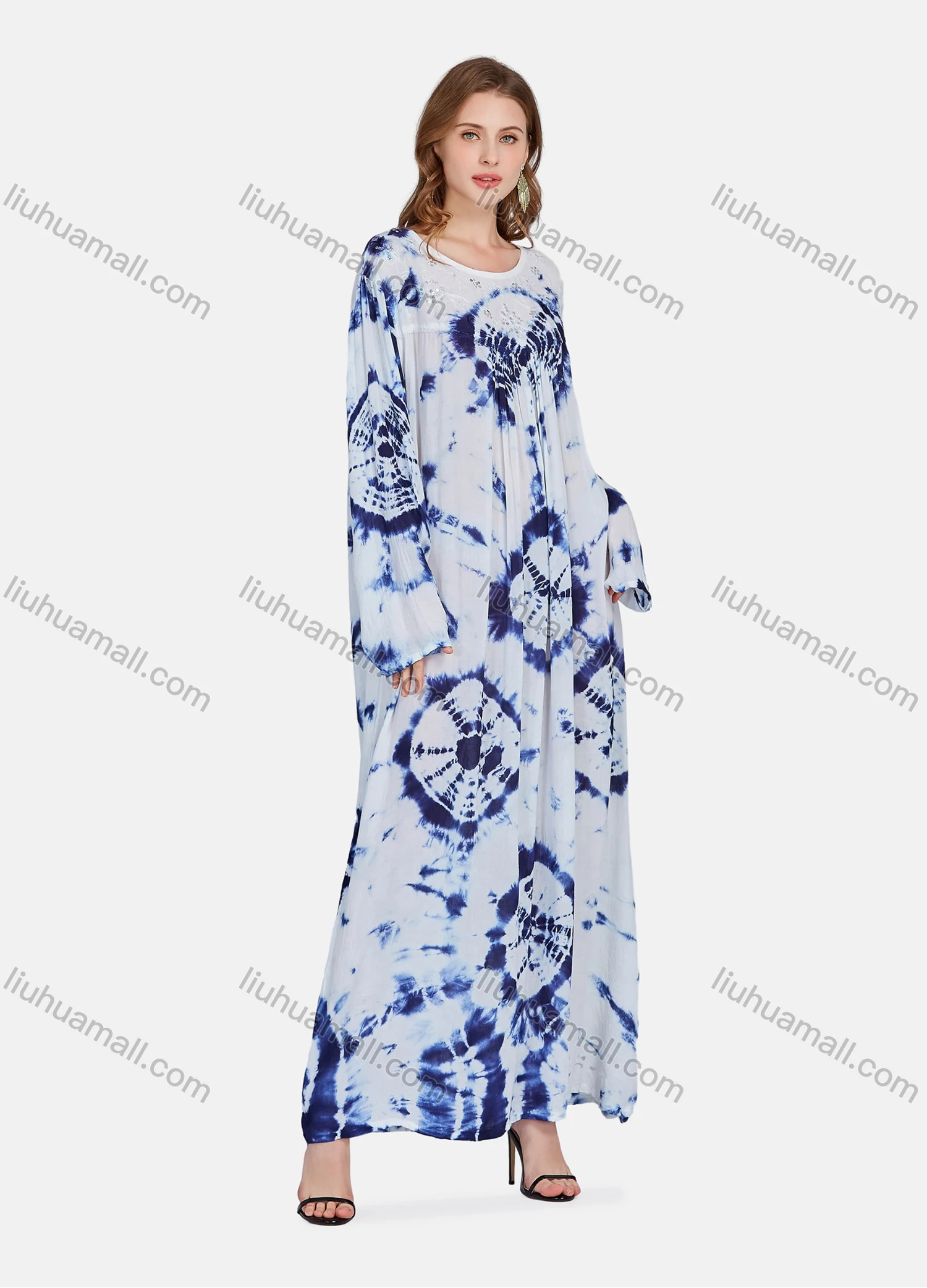 Wholesale Women's Elegant Tie Dye Sequins Long Sleeve Ruched Maxi Kaftan Abaya Robe Dress TZMQ-3-813B# - Liuhuamall