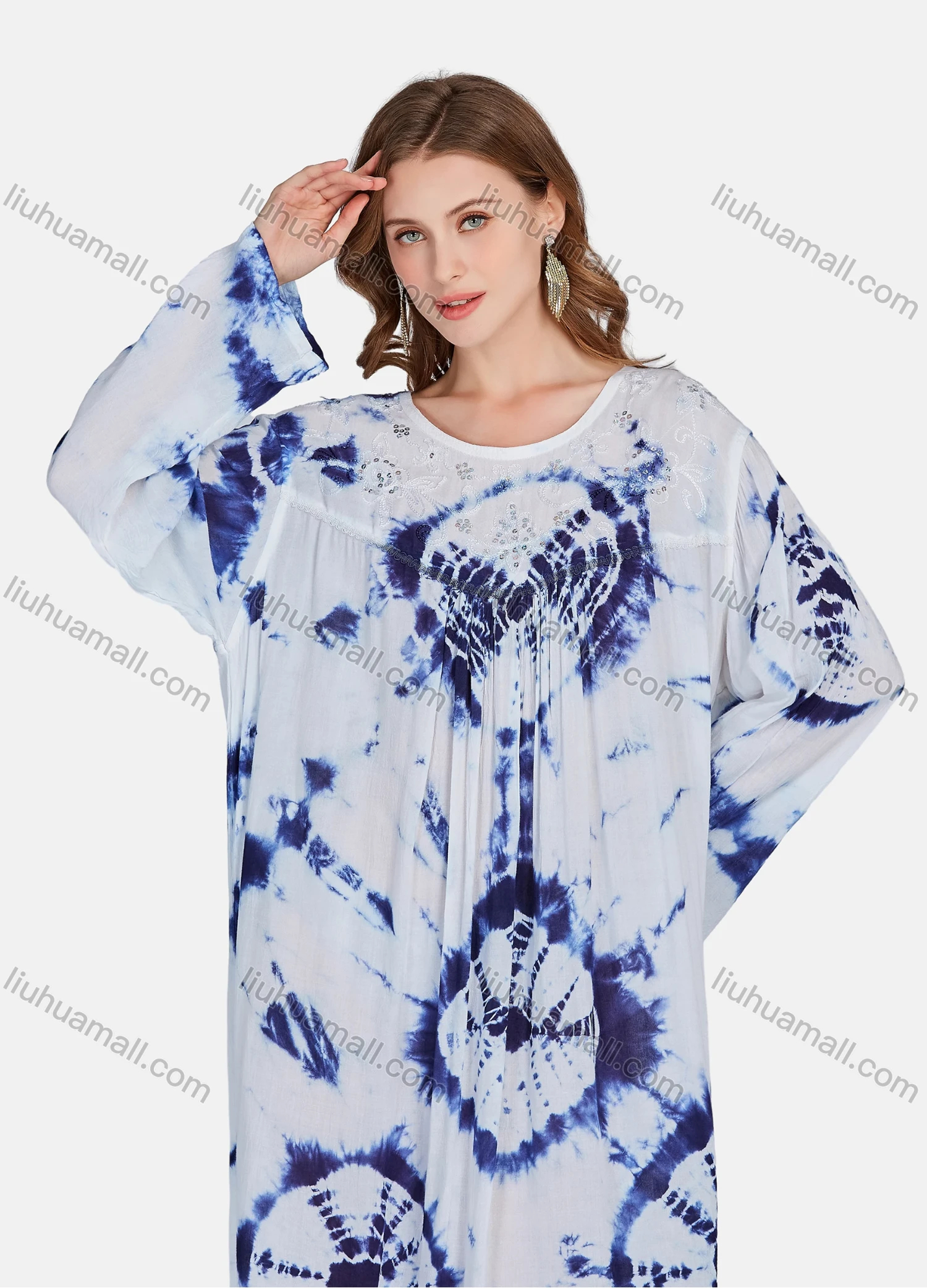 Wholesale Women's Elegant Tie Dye Sequins Long Sleeve Ruched Maxi Kaftan Abaya Robe Dress TZMQ-3-813B# - Liuhuamall