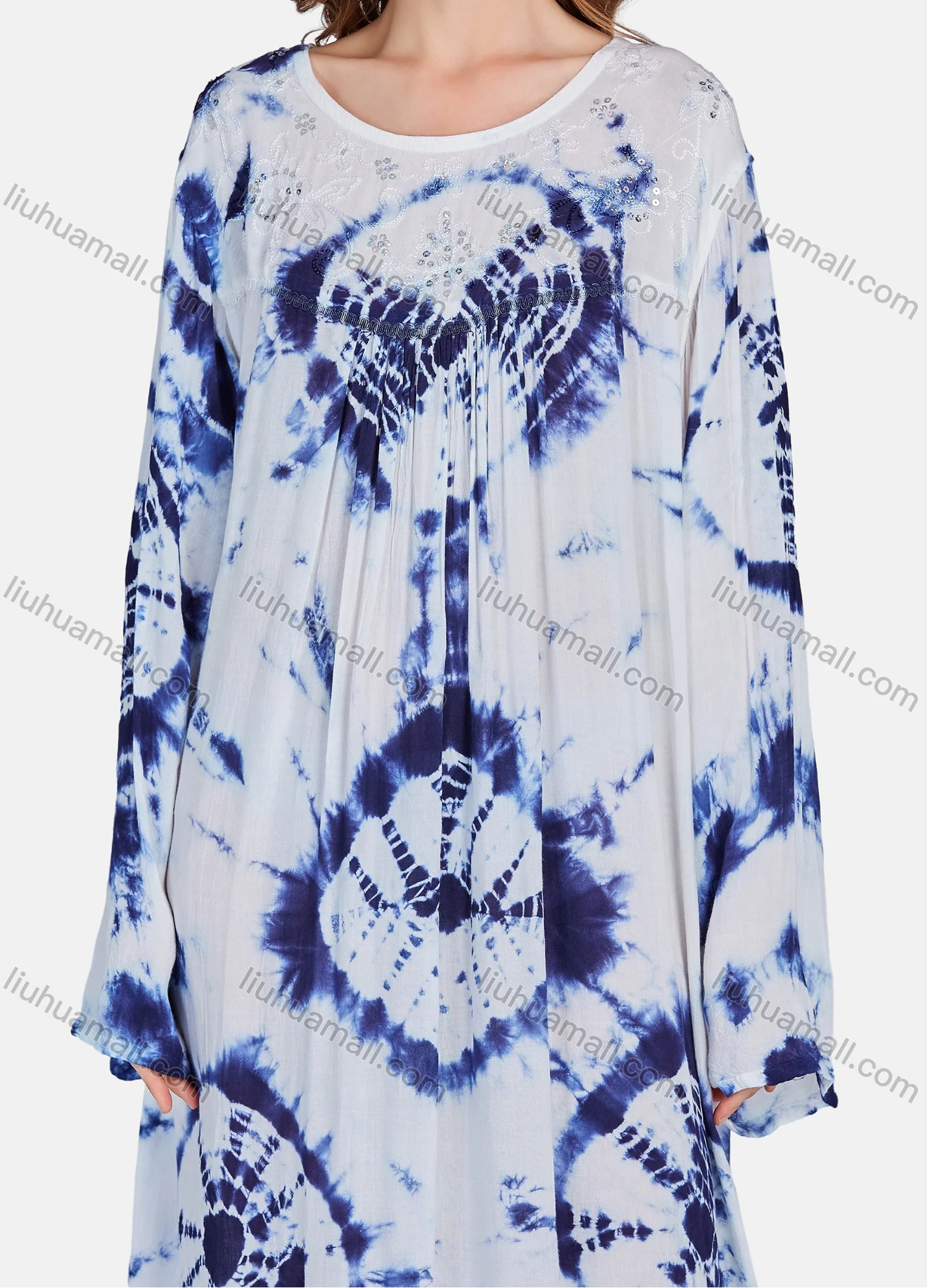 Wholesale Women's Elegant Tie Dye Sequins Long Sleeve Ruched Maxi Kaftan Abaya Robe Dress TZMQ-3-813B# - Liuhuamall