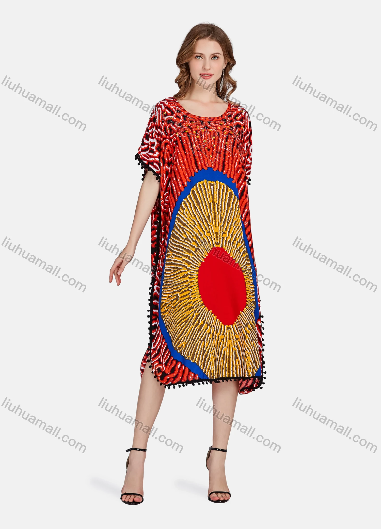 Wholesale Women's Elegant Allover Print Rhinestone Appliques Batwing Sleeve Midi Kaftan Abaya Robe Dress BFX-37-815# - Liuhuamall