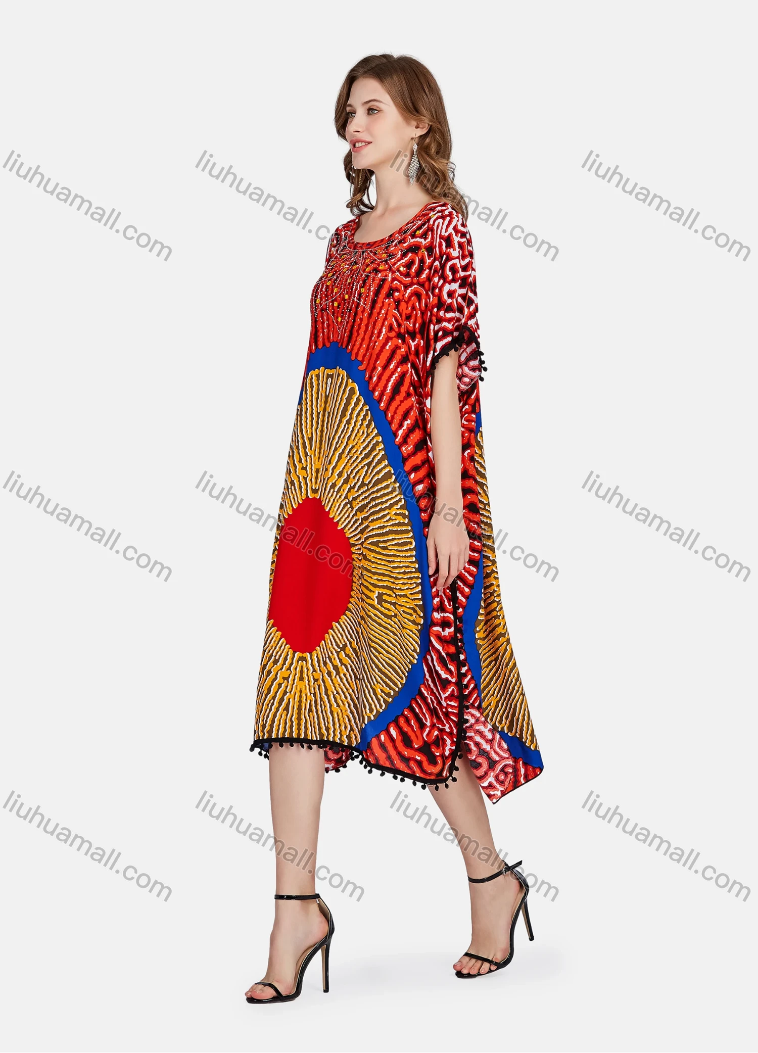 Wholesale Women's Elegant Allover Print Rhinestone Appliques Batwing Sleeve Midi Kaftan Abaya Robe Dress BFX-37-815# - Liuhuamall