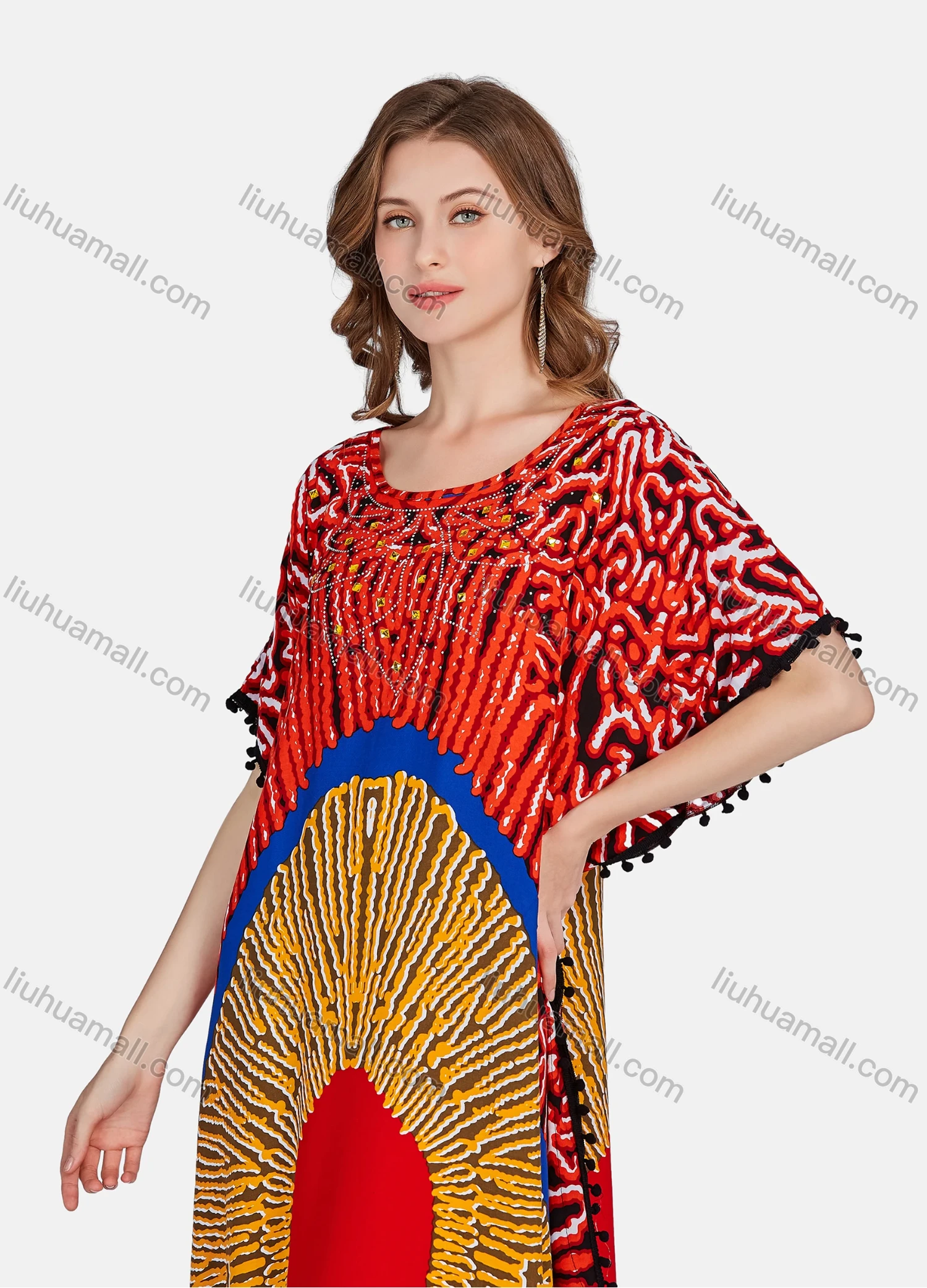 Wholesale Women's Elegant Allover Print Rhinestone Appliques Batwing Sleeve Midi Kaftan Abaya Robe Dress BFX-37-815# - Liuhuamall