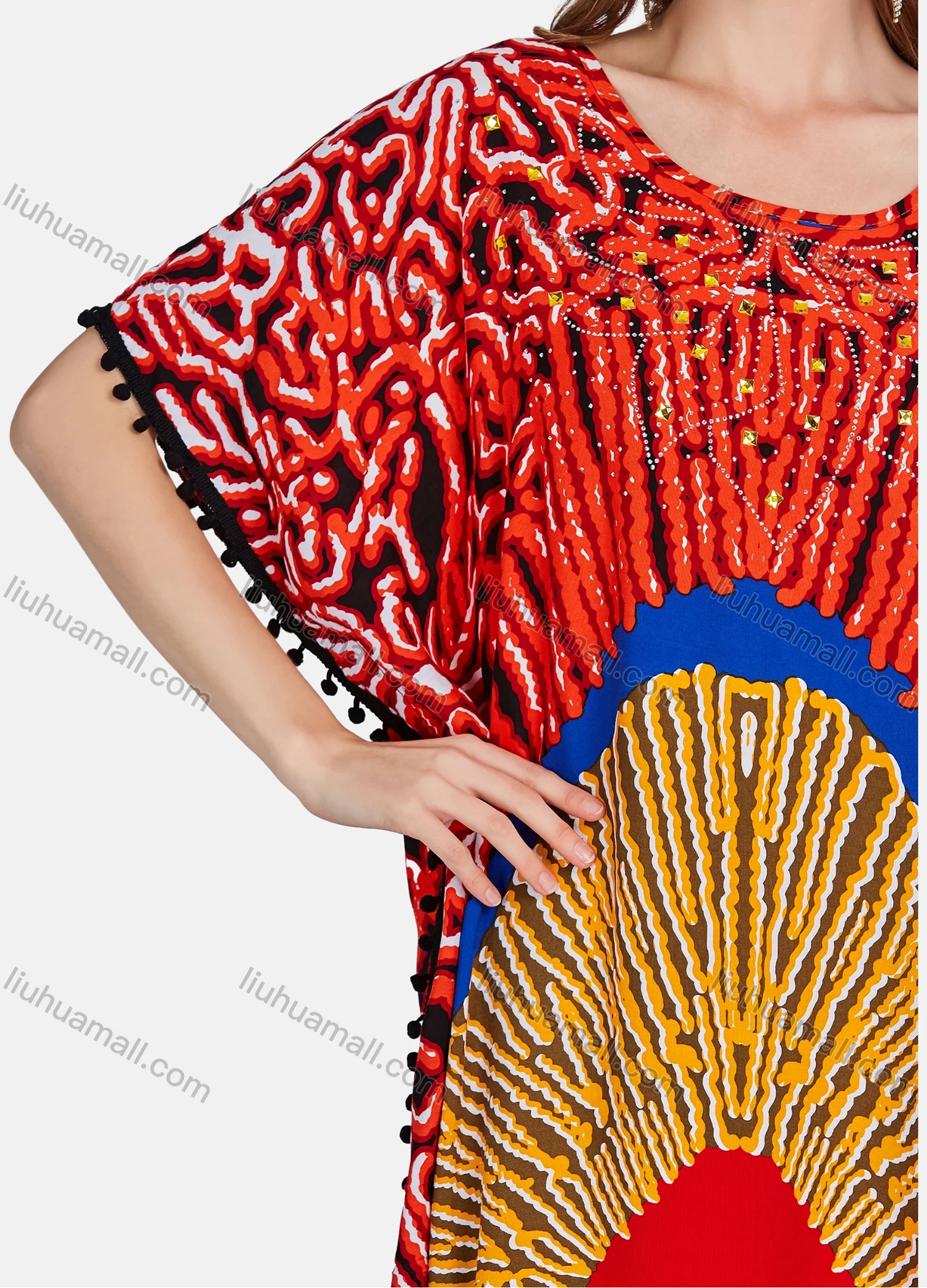 Wholesale Women's Elegant Allover Print Rhinestone Appliques Batwing Sleeve Midi Kaftan Abaya Robe Dress BFX-37-815# - Liuhuamall