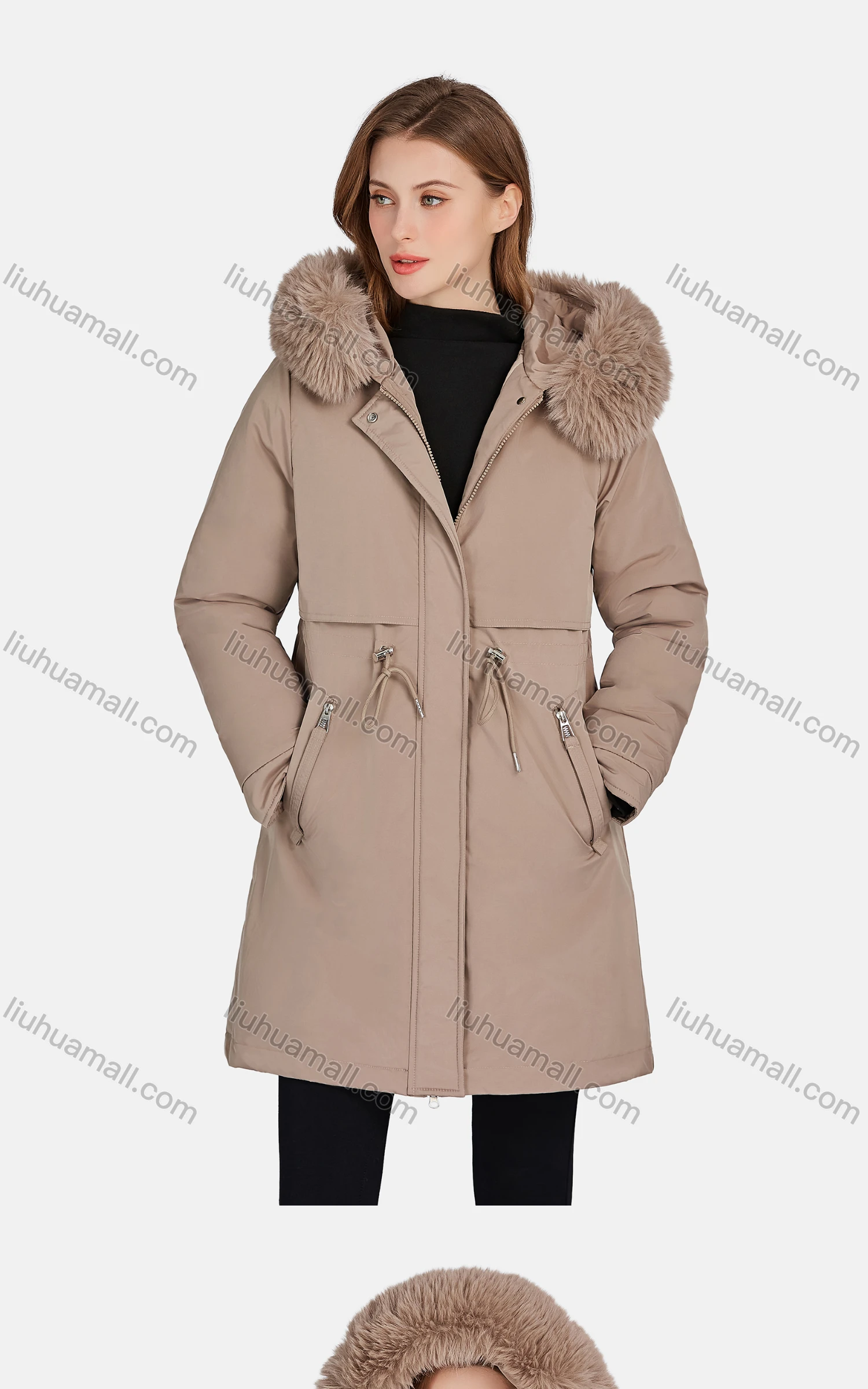 Wholesale Women's Casual Fuzzy Hood Zipper Front Pockets Thermal Lined Parka Coat 2223# - Liuhuamall