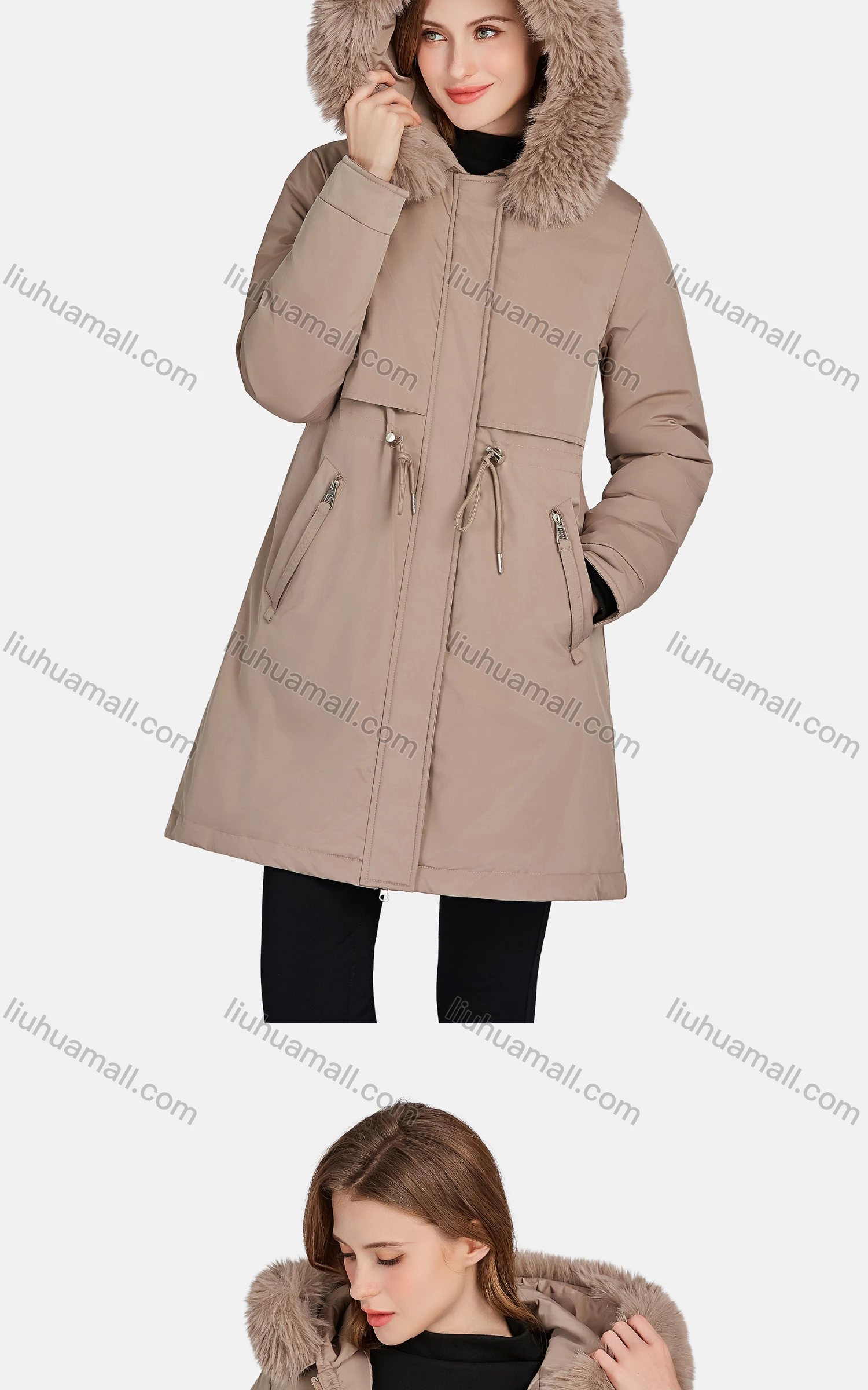 Wholesale Women's Casual Fuzzy Hood Zipper Front Pockets Thermal Lined Parka Coat 2223# - Liuhuamall