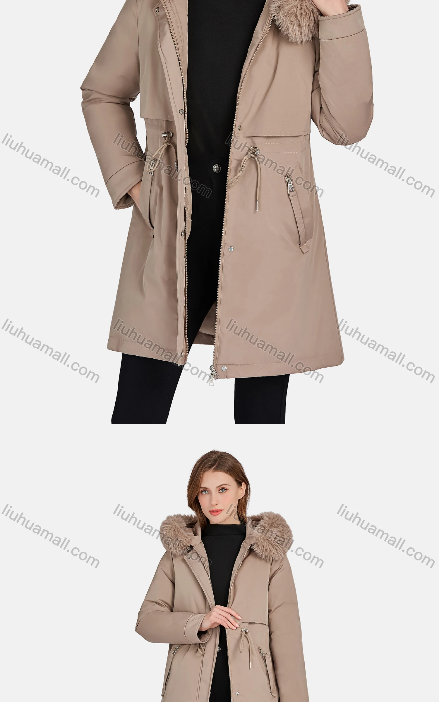 Wholesale Women's Casual Fuzzy Hood Zipper Front Pockets Thermal Lined Parka Coat 2223# - Liuhuamall