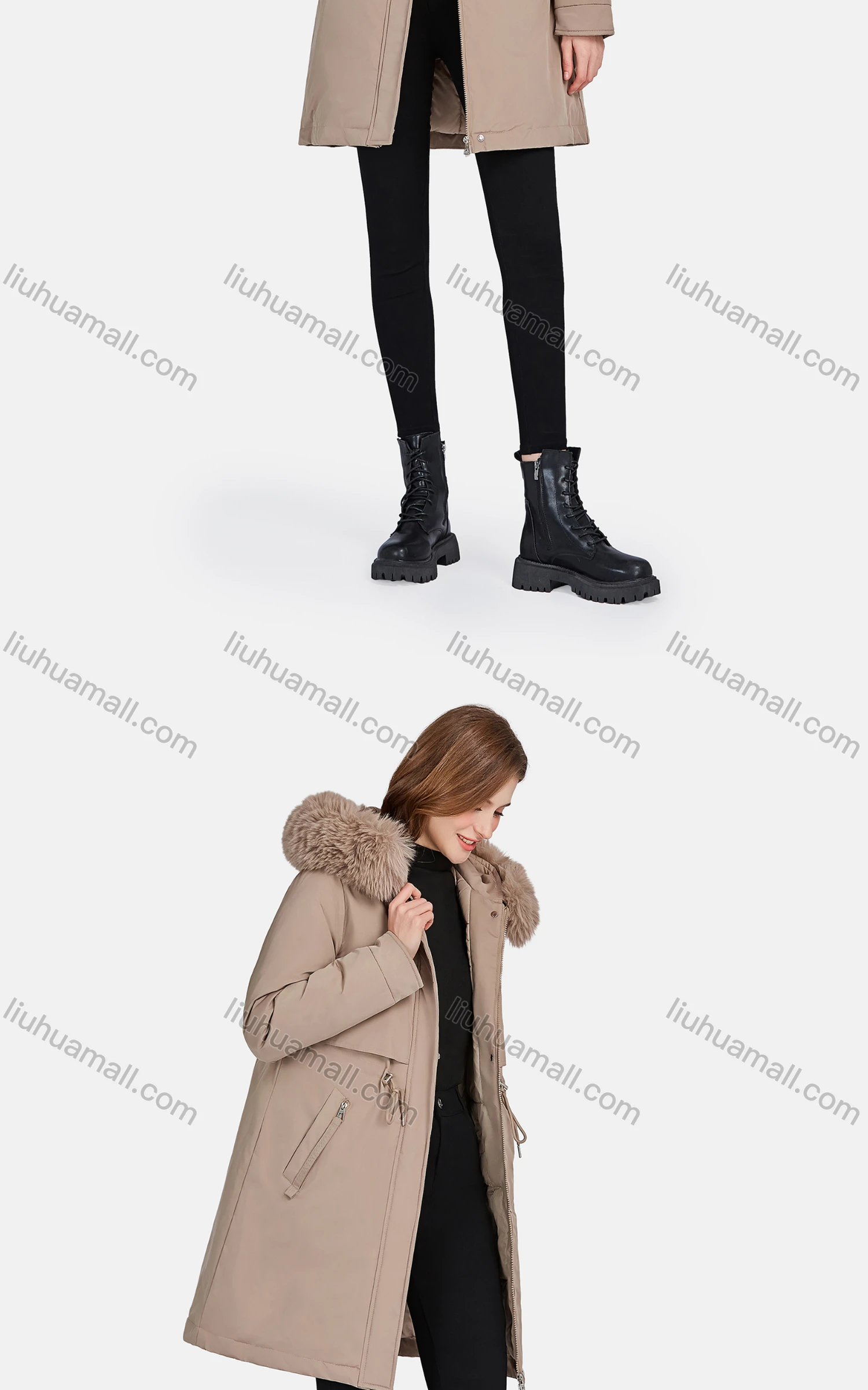 Wholesale Women's Casual Fuzzy Hood Zipper Front Pockets Thermal Lined Parka Coat 2223# - Liuhuamall