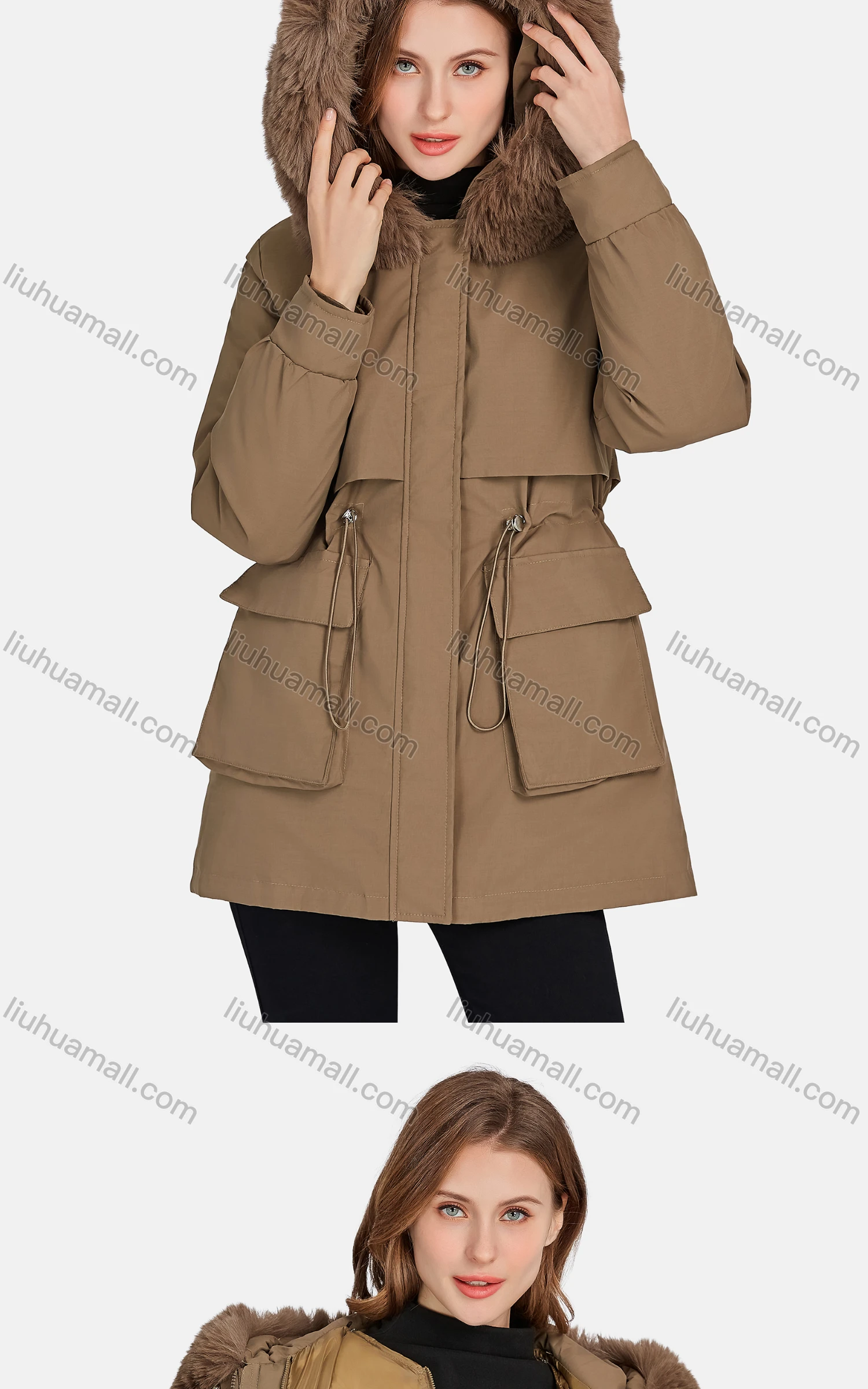 Wholesale Women's Casual Fuzzy Hood Pockets Removable Thermal Lined Parka Coat 2206# - Liuhuamall