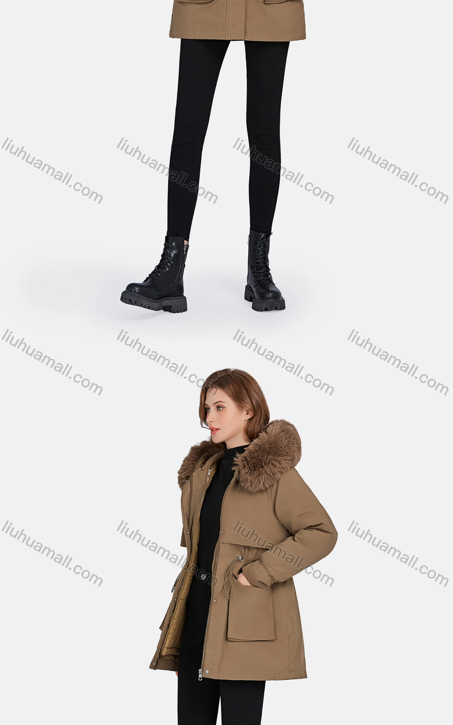 Wholesale Women's Casual Fuzzy Hood Pockets Removable Thermal Lined Parka Coat 2206# - Liuhuamall