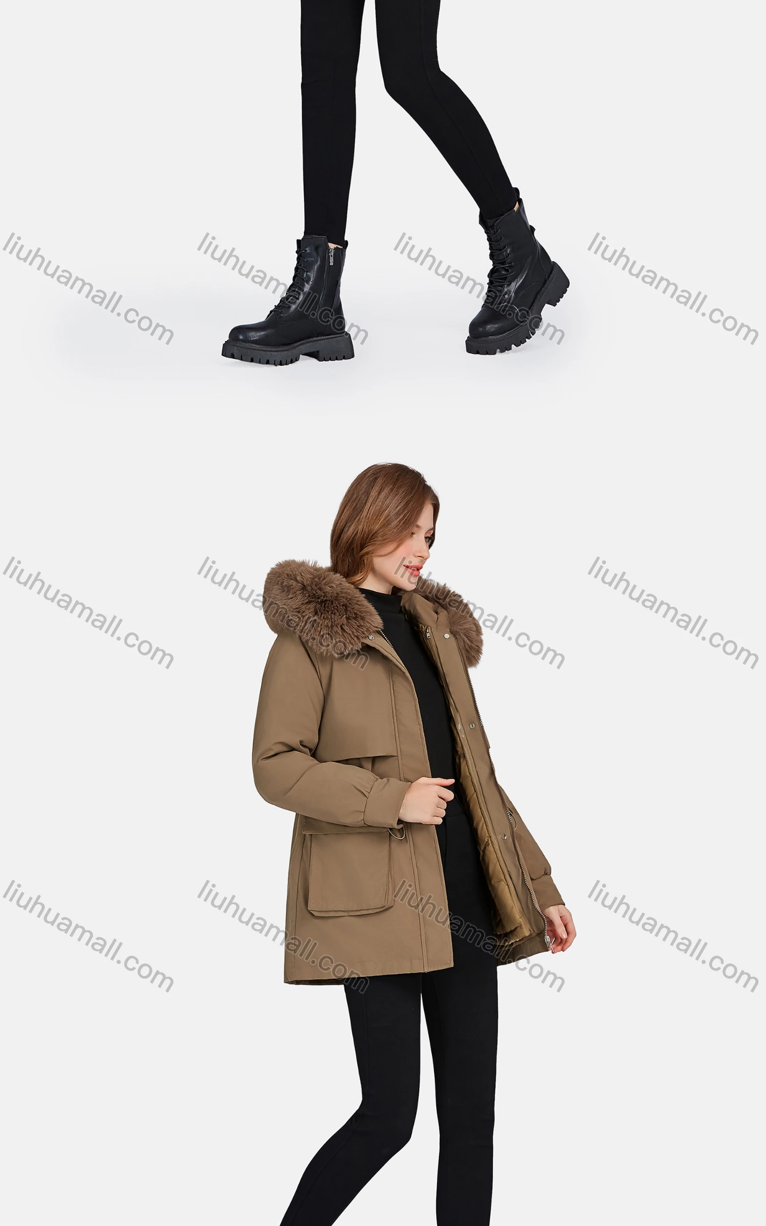 Wholesale Women's Casual Fuzzy Hood Pockets Removable Thermal Lined Parka Coat 2206# - Liuhuamall