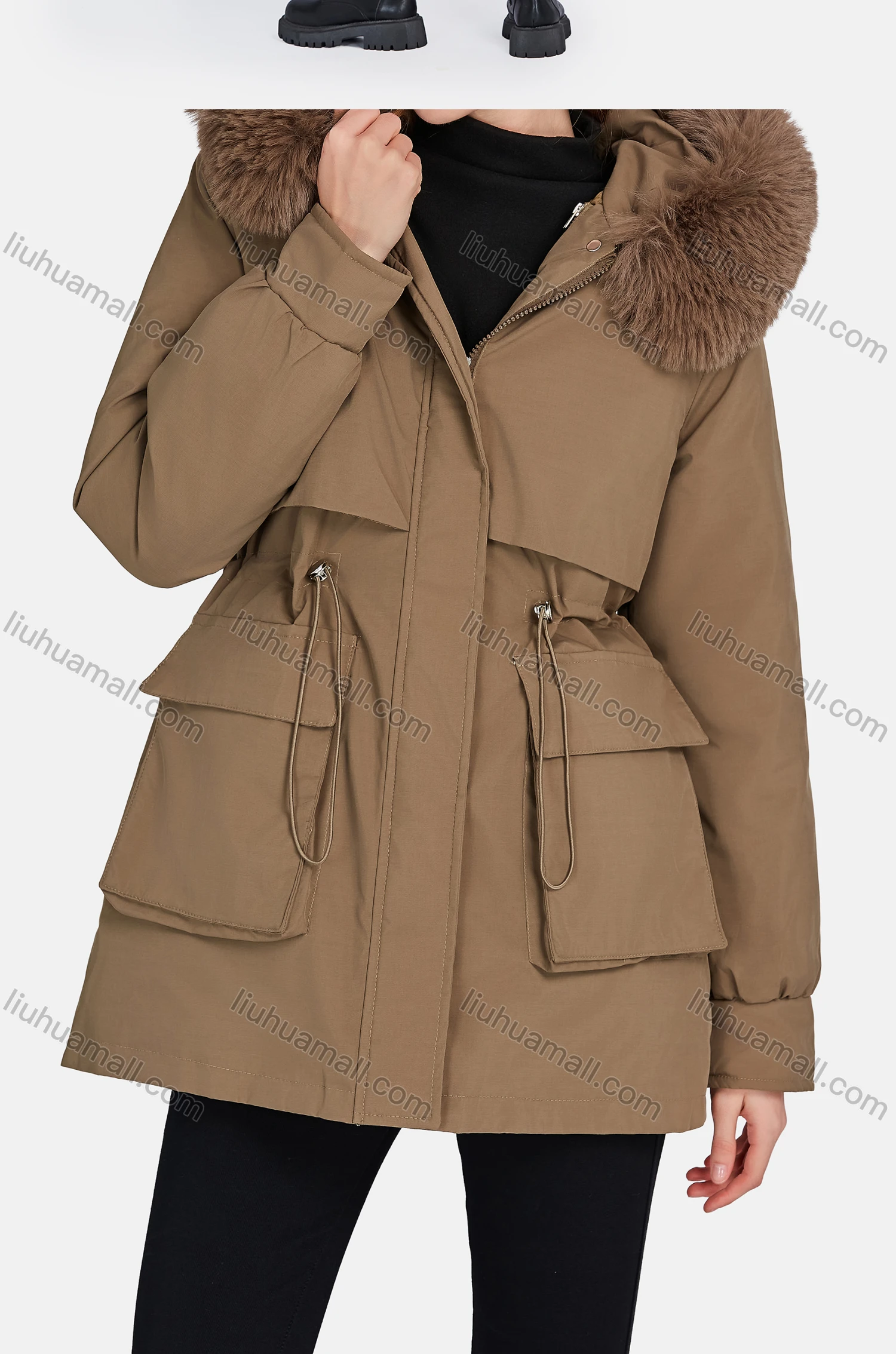 Wholesale Women's Casual Fuzzy Hood Pockets Removable Thermal Lined Parka Coat 2206# - Liuhuamall