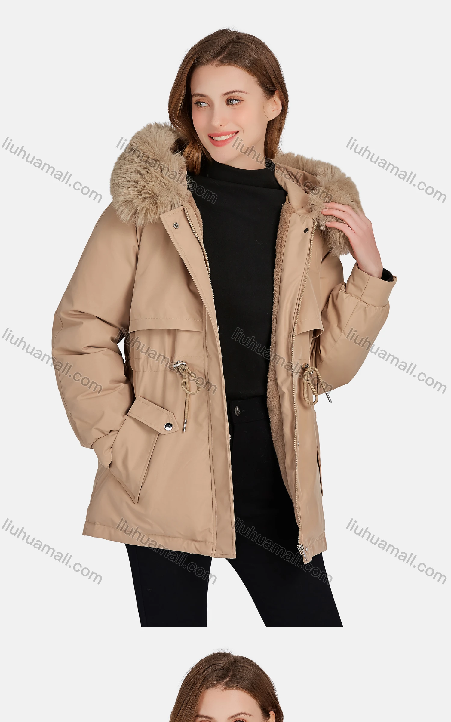 Wholesale Women's Casual Fuzzy Hood Zipper Front Pockets Thermal Lined Parka Coat 922# - Liuhuamall
