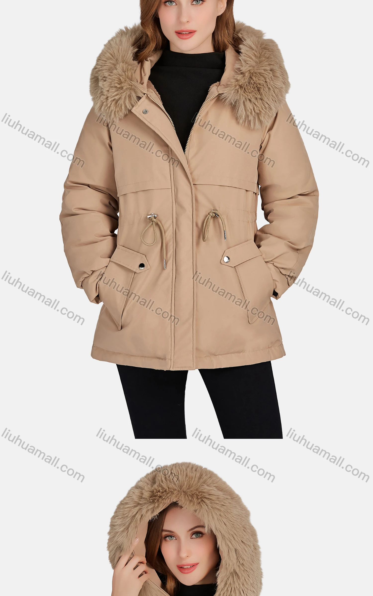 Wholesale Women's Casual Fuzzy Hood Zipper Front Pockets Thermal Lined Parka Coat 922# - Liuhuamall