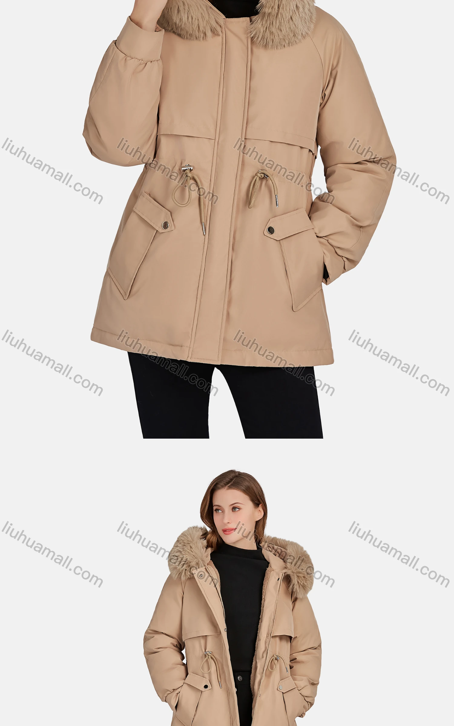 Wholesale Women's Casual Fuzzy Hood Zipper Front Pockets Thermal Lined Parka Coat 922# - Liuhuamall