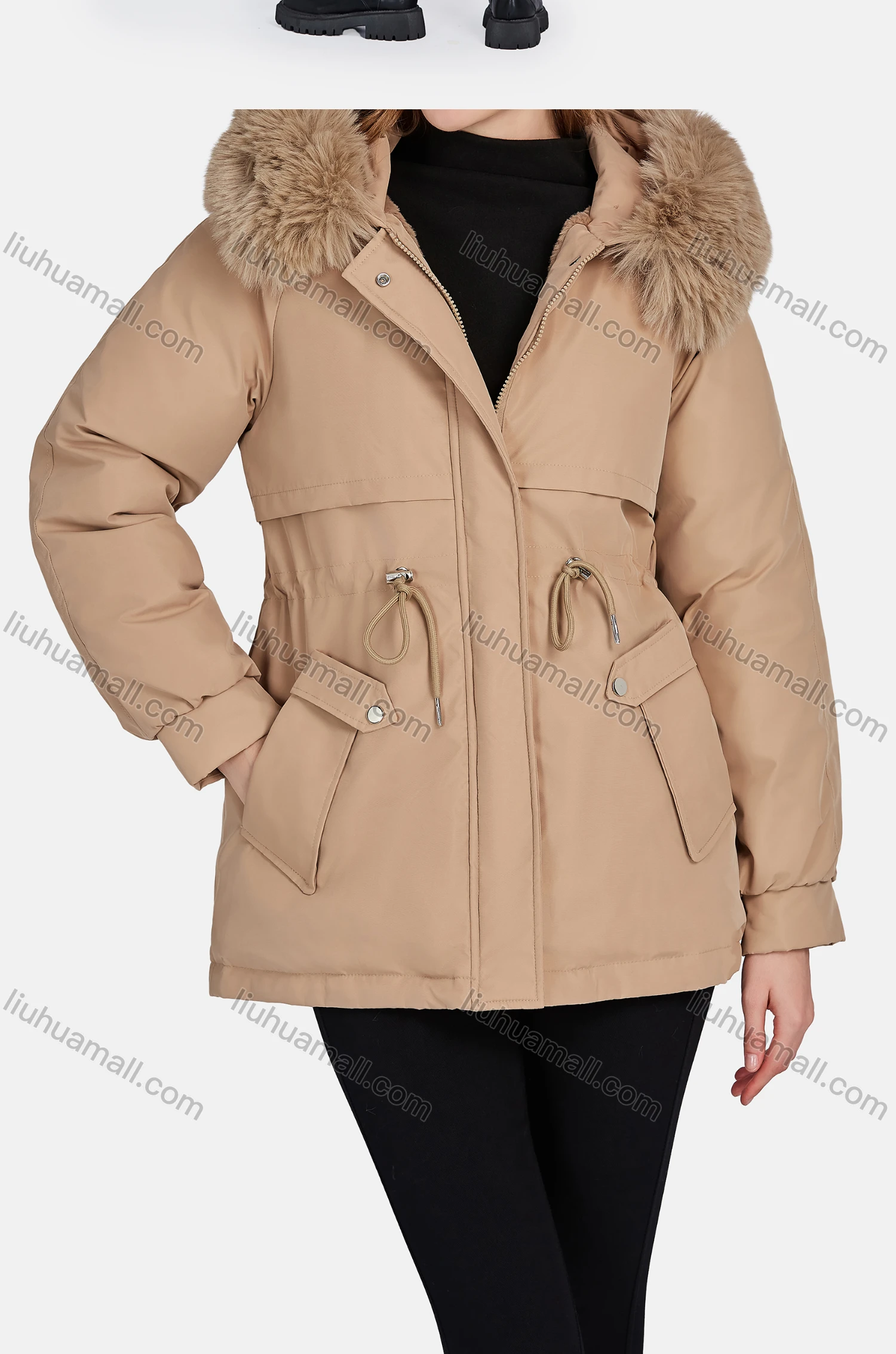 Wholesale Women's Casual Fuzzy Hood Zipper Front Pockets Thermal Lined Parka Coat 922# - Liuhuamall