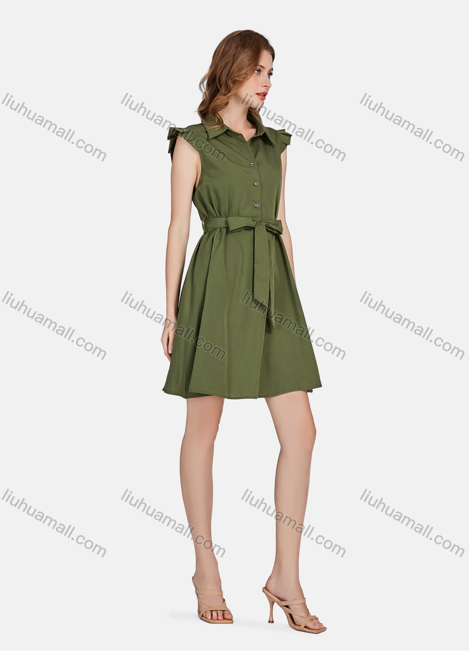Wholesale Women's Casual Plain Collared Cap Sleeve Buttons Front Short Shirt Dress With Belt - Liuhuamall
