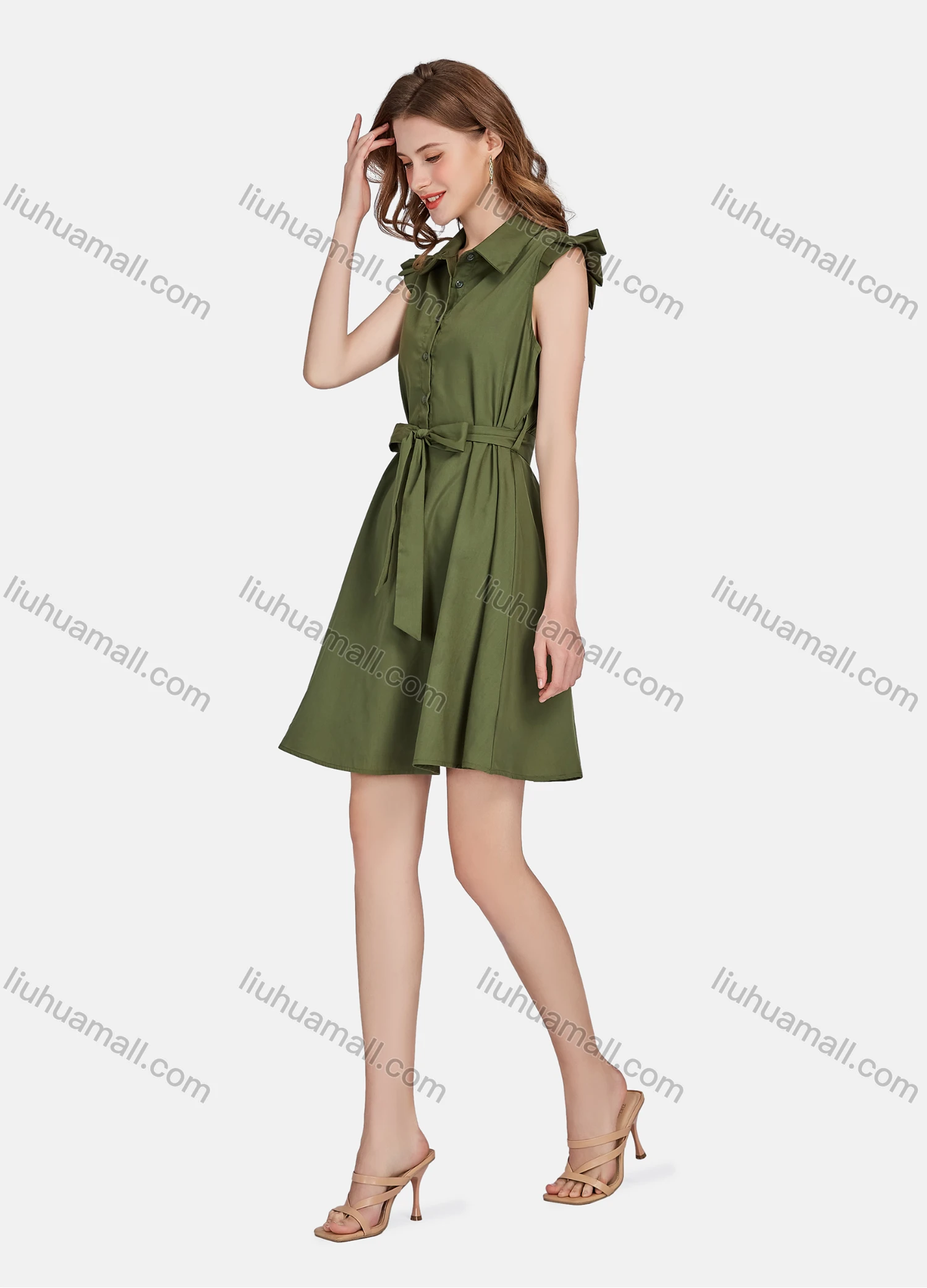 Wholesale Women's Casual Plain Collared Cap Sleeve Buttons Front Short Shirt Dress With Belt - Liuhuamall