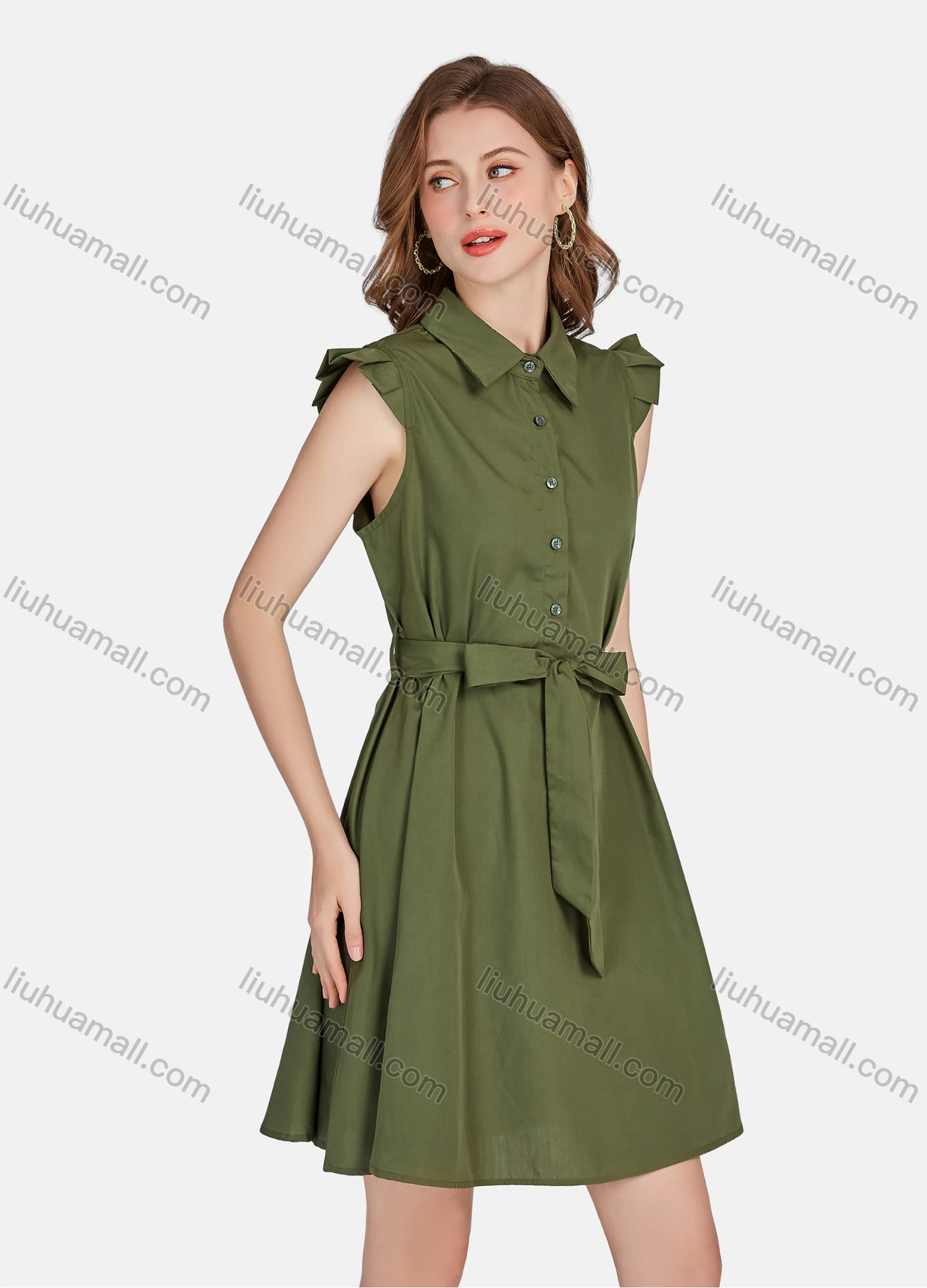 Wholesale Women's Casual Plain Collared Cap Sleeve Buttons Front Short Shirt Dress With Belt - Liuhuamall