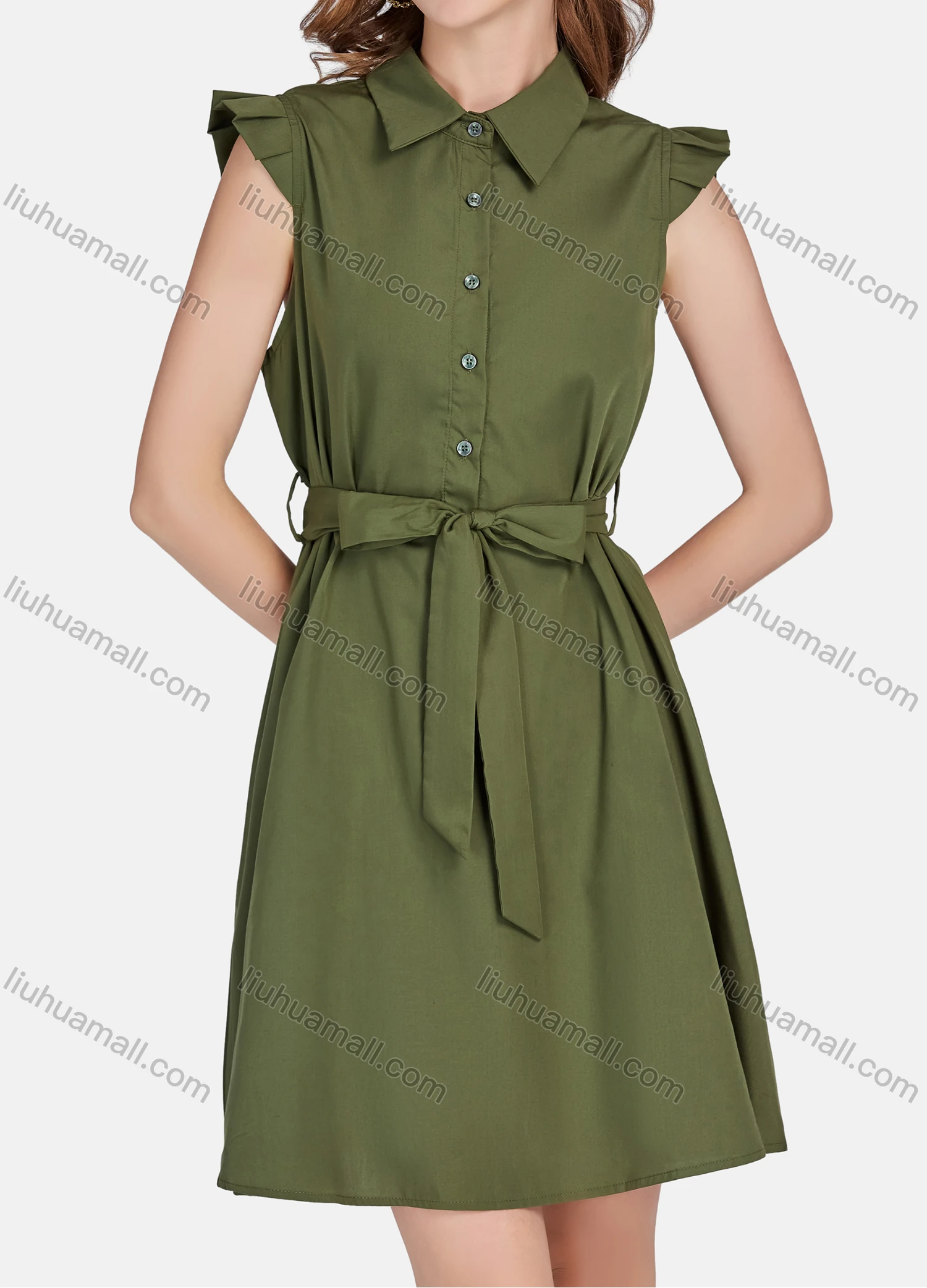 Wholesale Women's Casual Plain Collared Cap Sleeve Buttons Front Short Shirt Dress With Belt - Liuhuamall