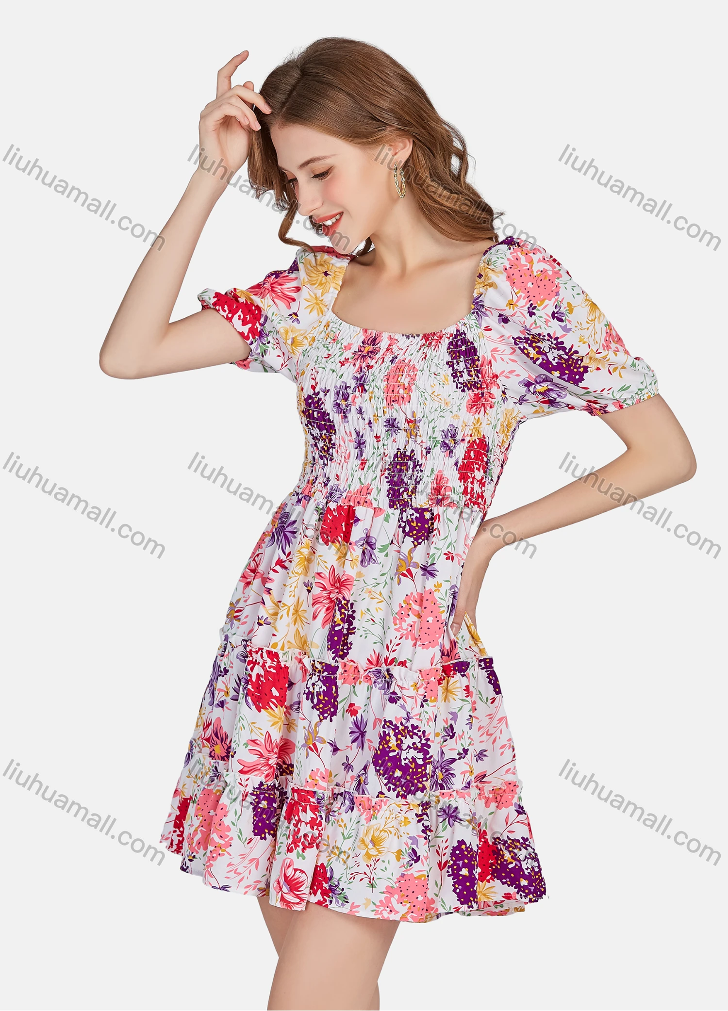 Wholesale Women's Casual Floral Print Shirred Square Neck Short Sleeve Ruffle Hem Short Dress - Liuhuamall
