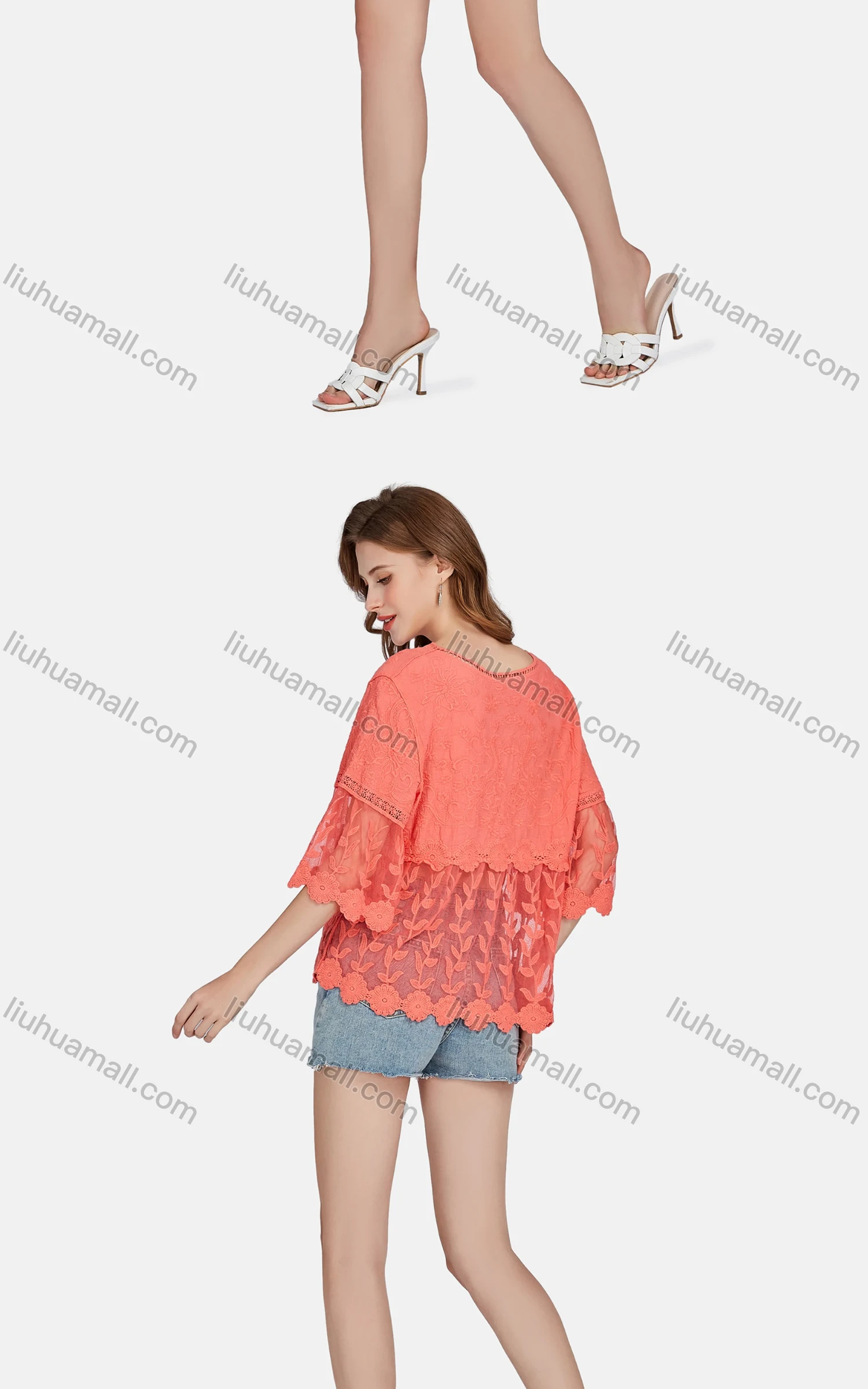 Wholesale Women's Casual 3/4 Sleeve Hollow Out Embroidered Guipure Lace Blouse 2001# - Liuhuamall