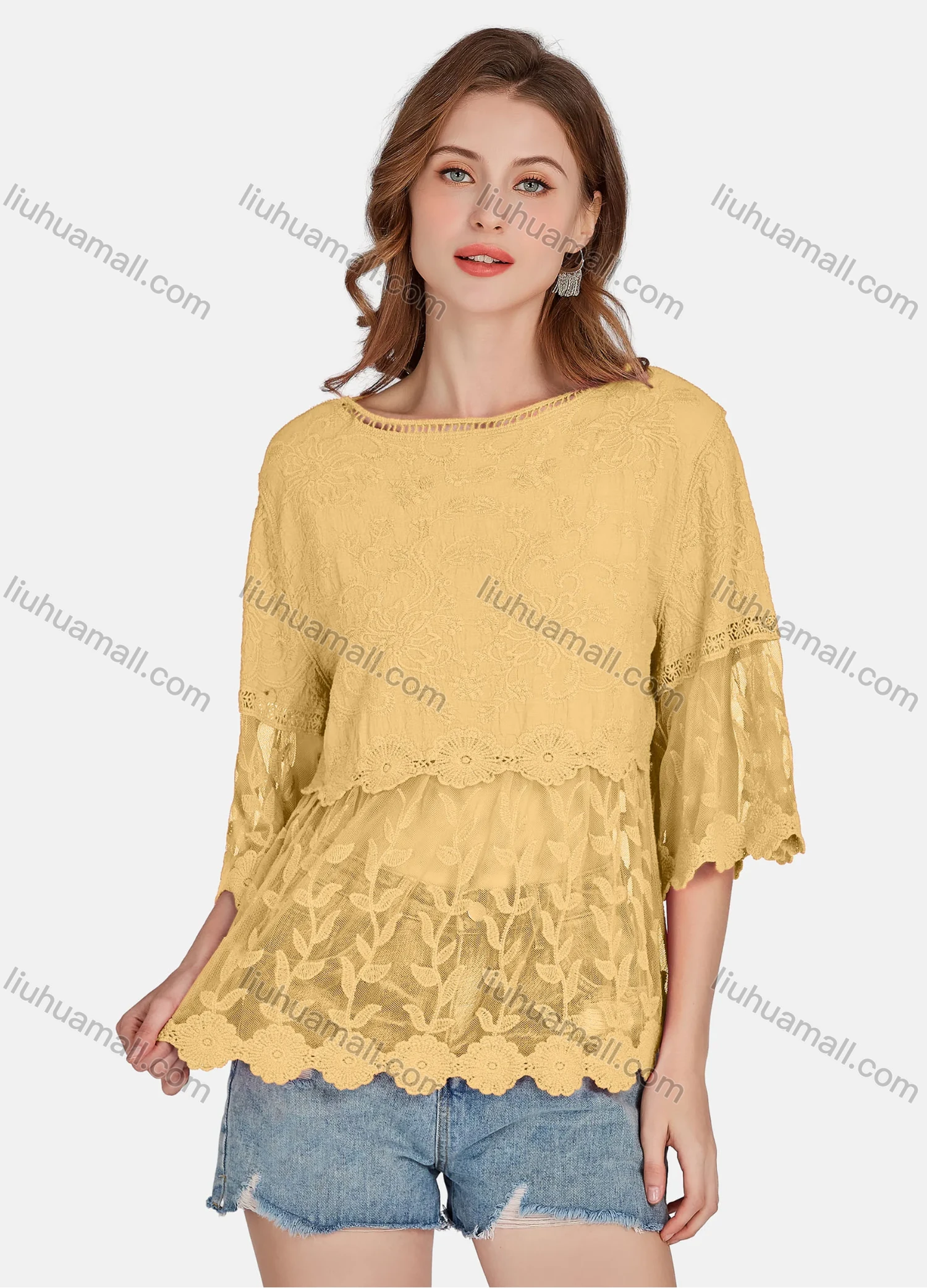Wholesale Women's Casual 3/4 Sleeve Hollow Out Embroidered Guipure Lace Blouse 2001# - Liuhuamall