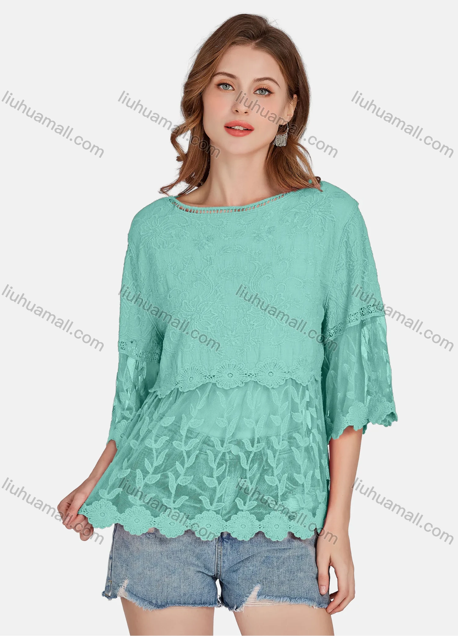 Wholesale Women's Casual 3/4 Sleeve Hollow Out Embroidered Guipure Lace Blouse 2001# - Liuhuamall