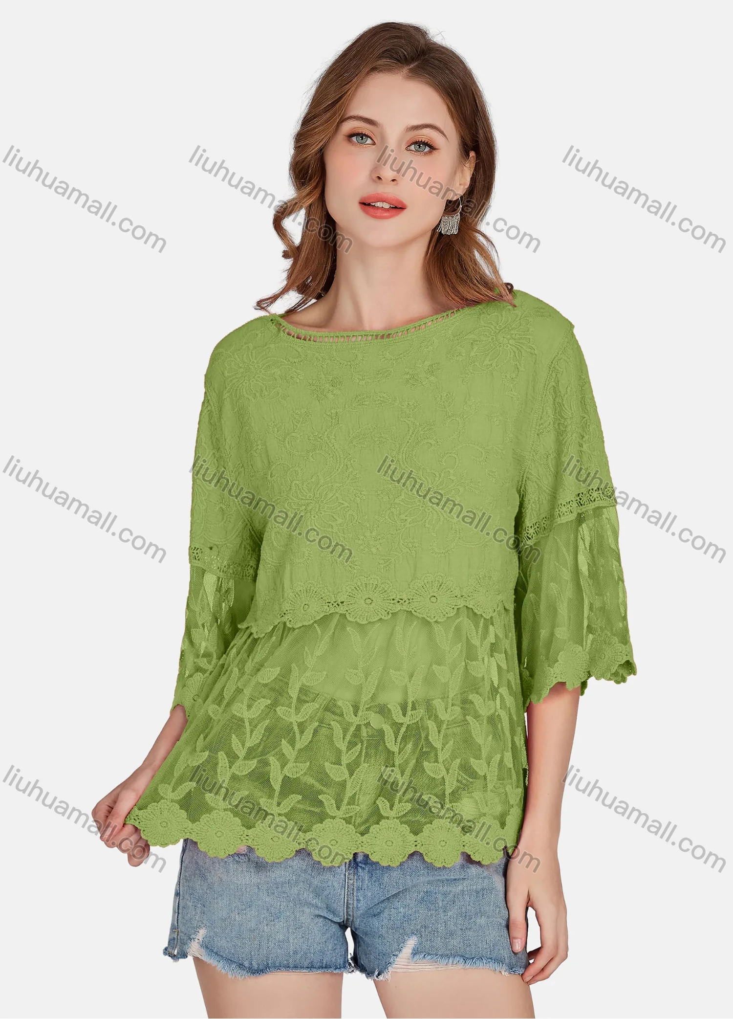 Wholesale Women's Casual 3/4 Sleeve Hollow Out Embroidered Guipure Lace Blouse 2001# - Liuhuamall