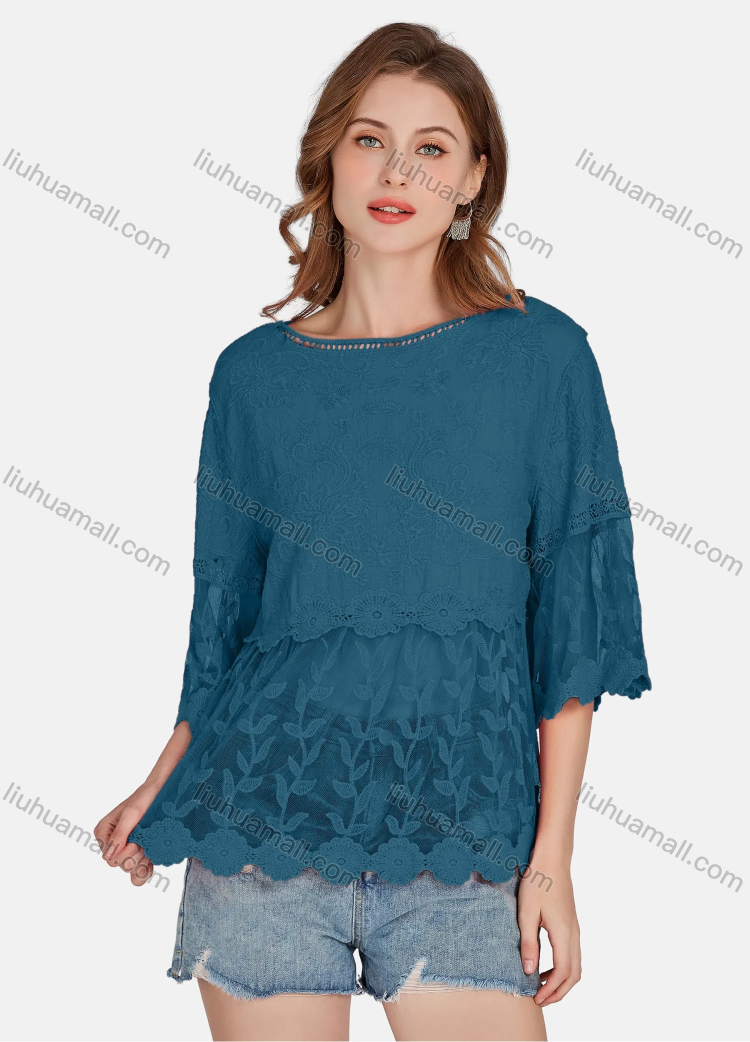 Wholesale Women's Casual 3/4 Sleeve Hollow Out Embroidered Guipure Lace Blouse 2001# - Liuhuamall
